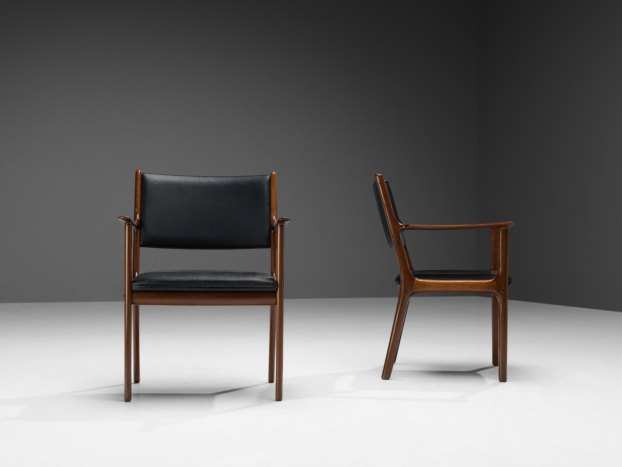 Mid-20th Century Ole Wanscher for Poul Jeppesen Armchairs in Teak and Black Leather  For Sale