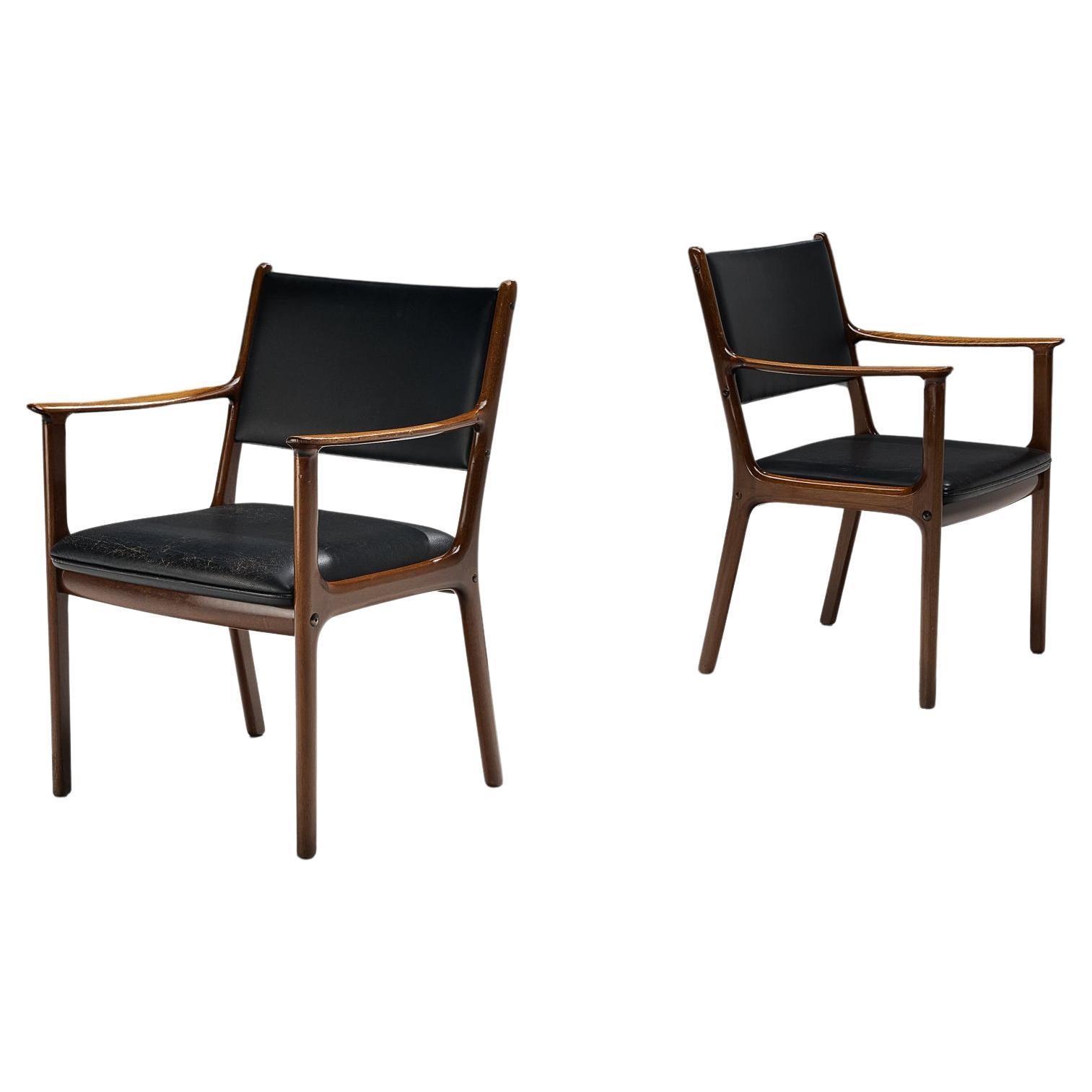 Ole Wanscher for Poul Jeppesen Armchairs in Teak and Black Leather  For Sale