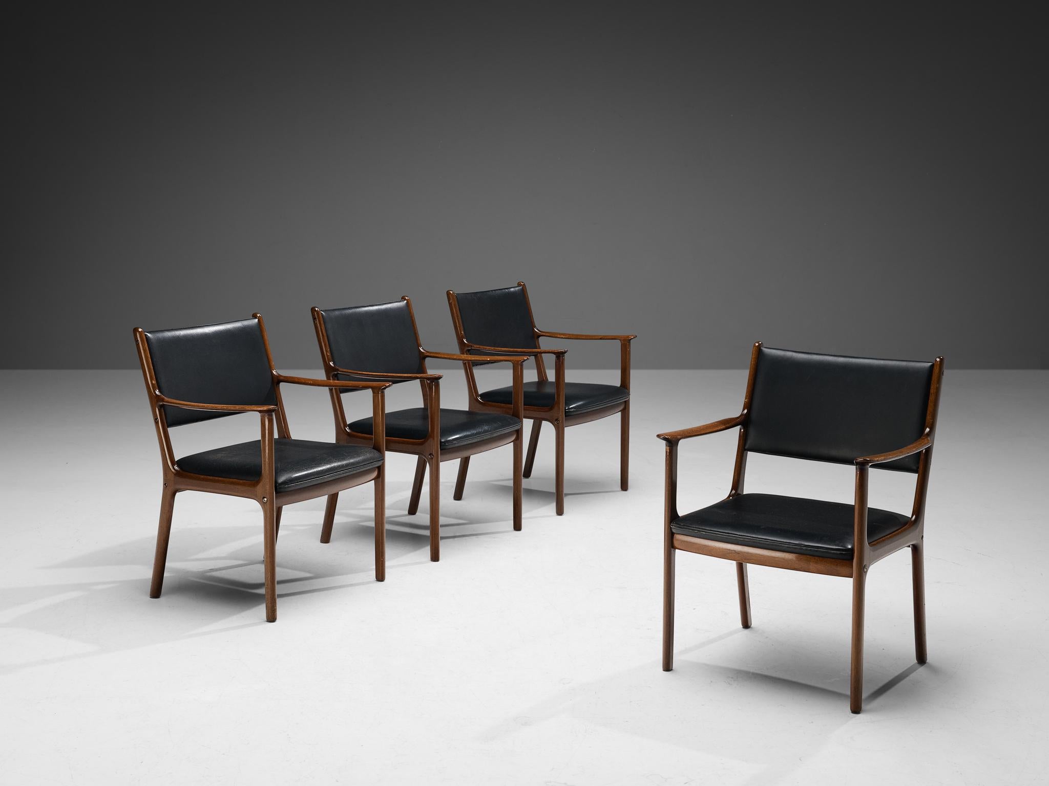 Ole Wanscher for P. Jeppesen Møbelfabrik, set of four armchairs, model 'PJ412', teak, leather, Denmark, 1960s 

Modest set of dining chairs designed by Ole Wanscher in the 1960s. These chairs are very comfortable thanks to the remarkable wide seats