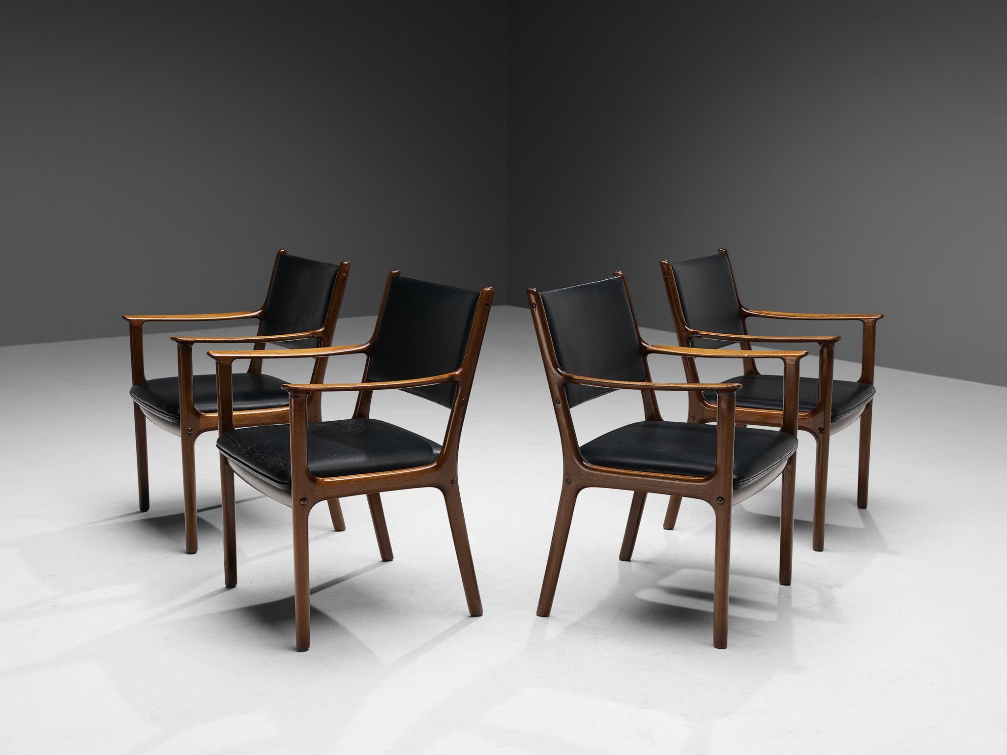 Ole Wanscher for Poul Jeppesen Set of Four Armchairs in Teak and Black Leather In Good Condition In Waalwijk, NL