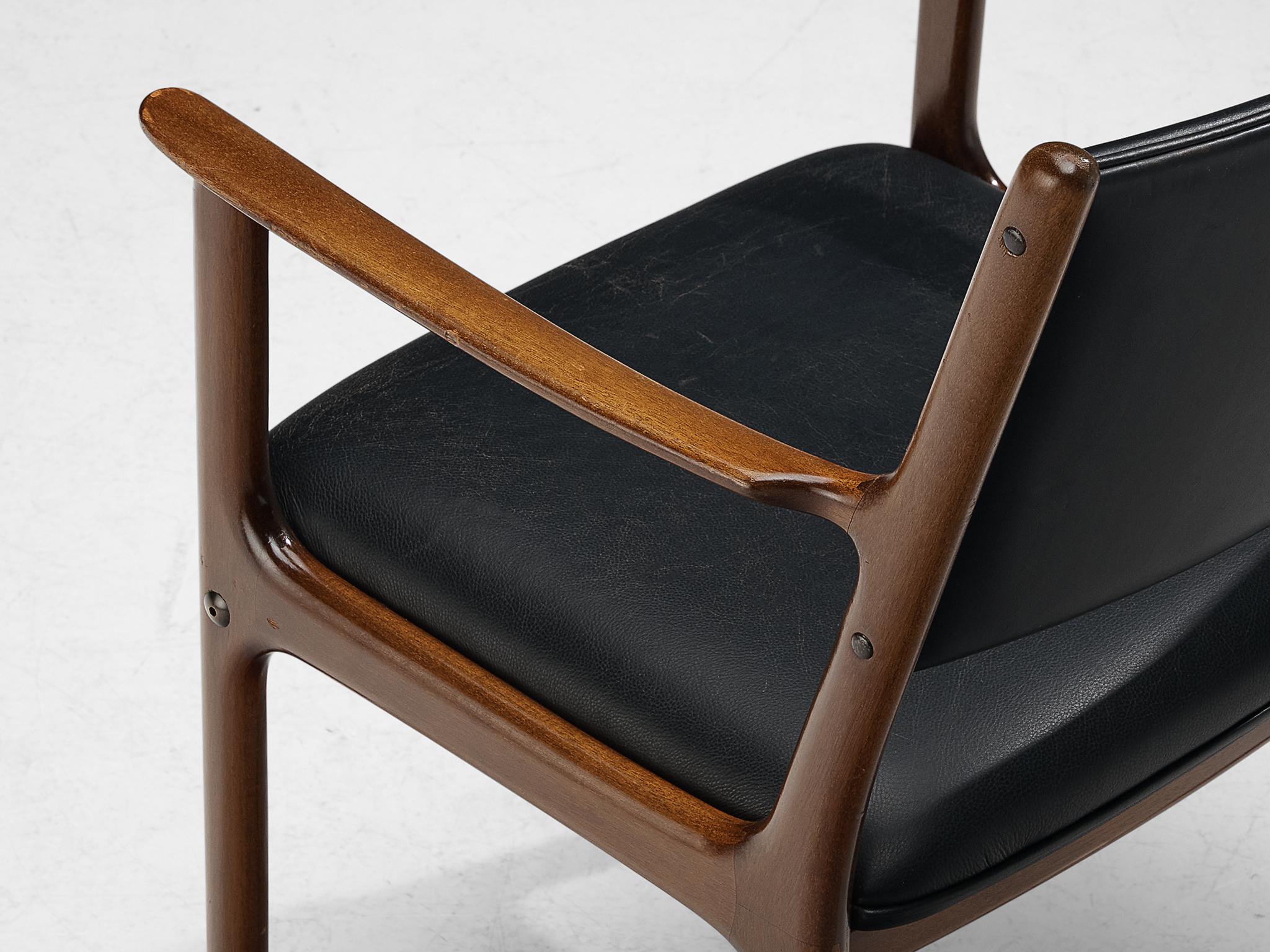 Ole Wanscher for Poul Jeppesen Set of Four Armchairs in Teak and Black Leather 1