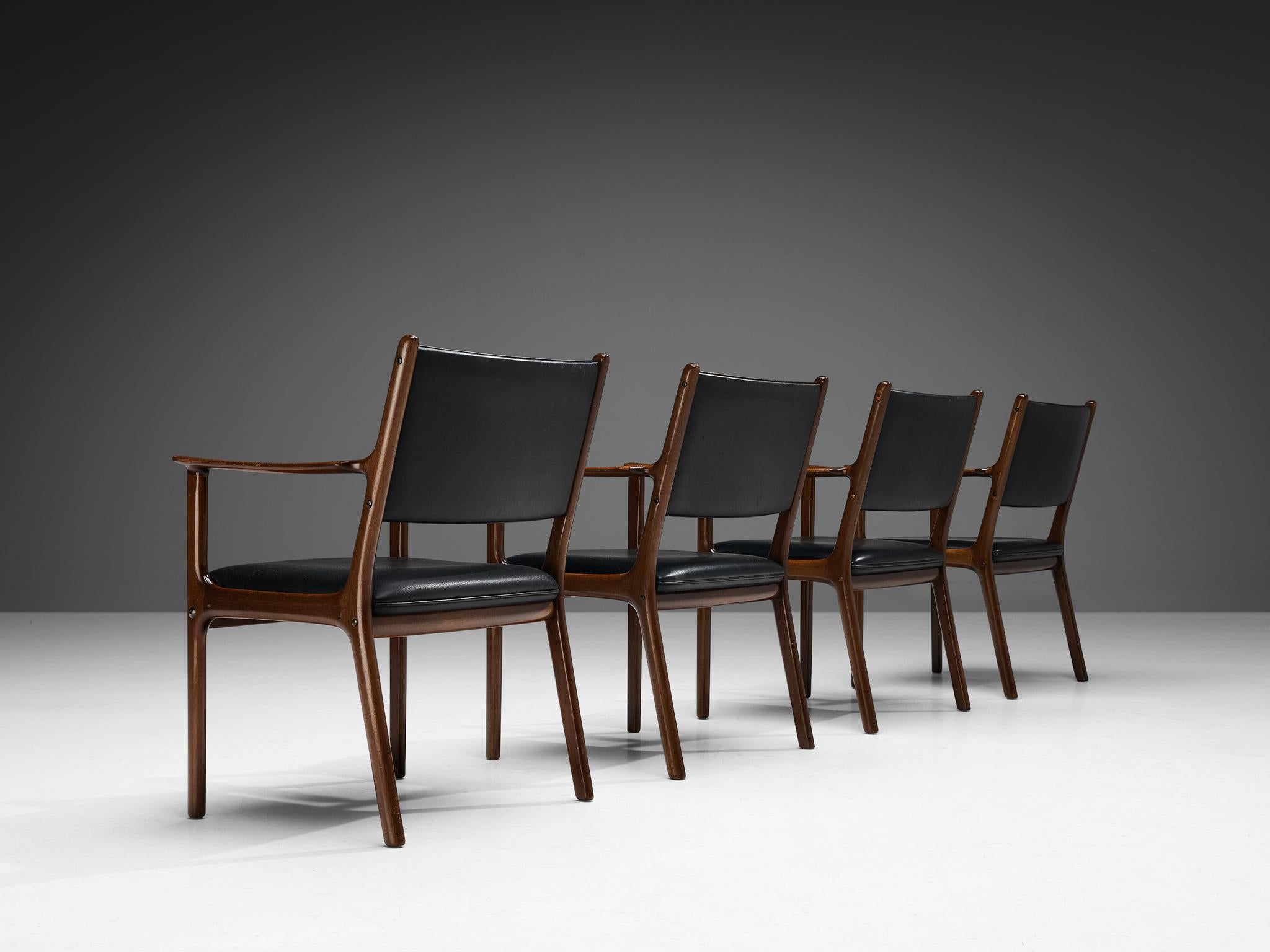 Ole Wanscher for Poul Jeppesen Set of Four Armchairs in Teak and Black Leather 2