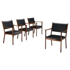 Ole Wanscher for Poul Jeppesen Set of Four Armchairs in Teak and Black Leather