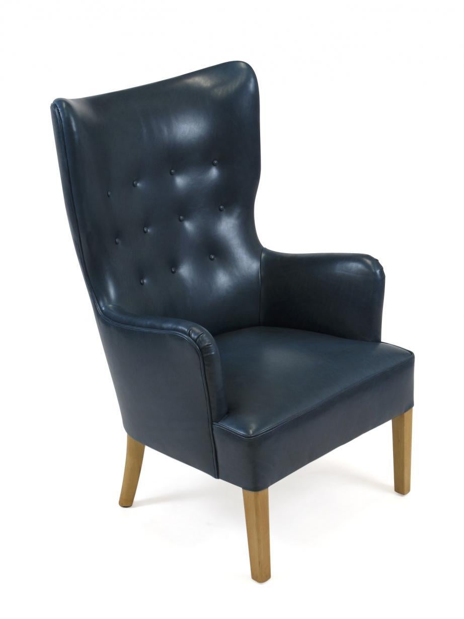 Ole Wanscher High Back Chair for Fritz Hansen 1946 in Teal Leather 1