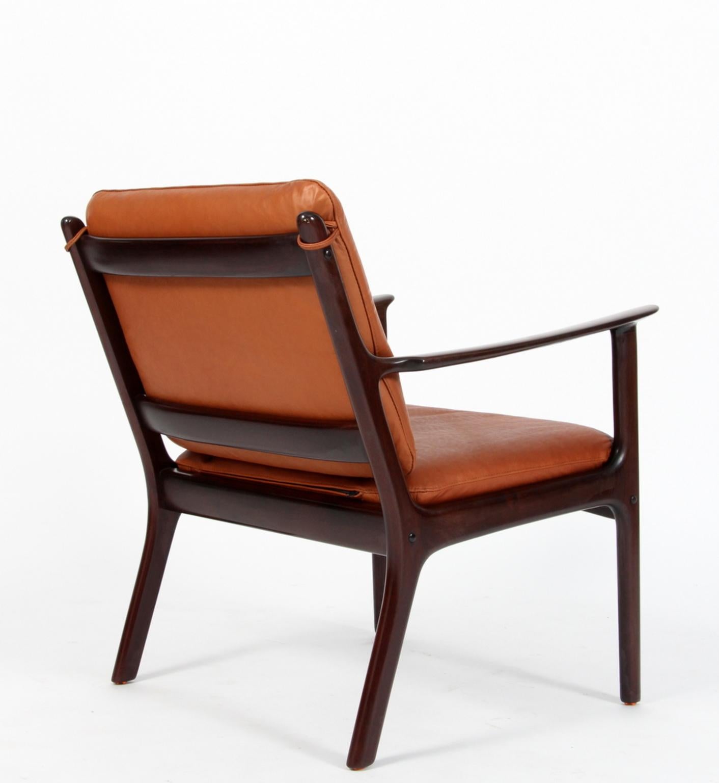 Scandinavian Modern Ole Wanscher Lounge Chair, Model PJ112, Cognac Aniline Leather, Mahogany