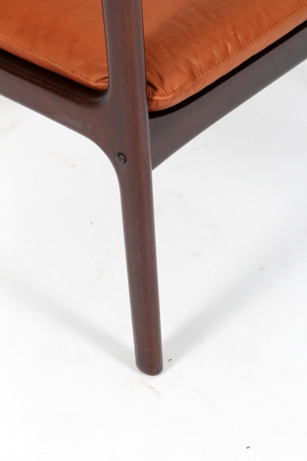 Danish Ole Wanscher Lounge Chair, Model PJ112, Cognac Aniline Leather, Mahogany