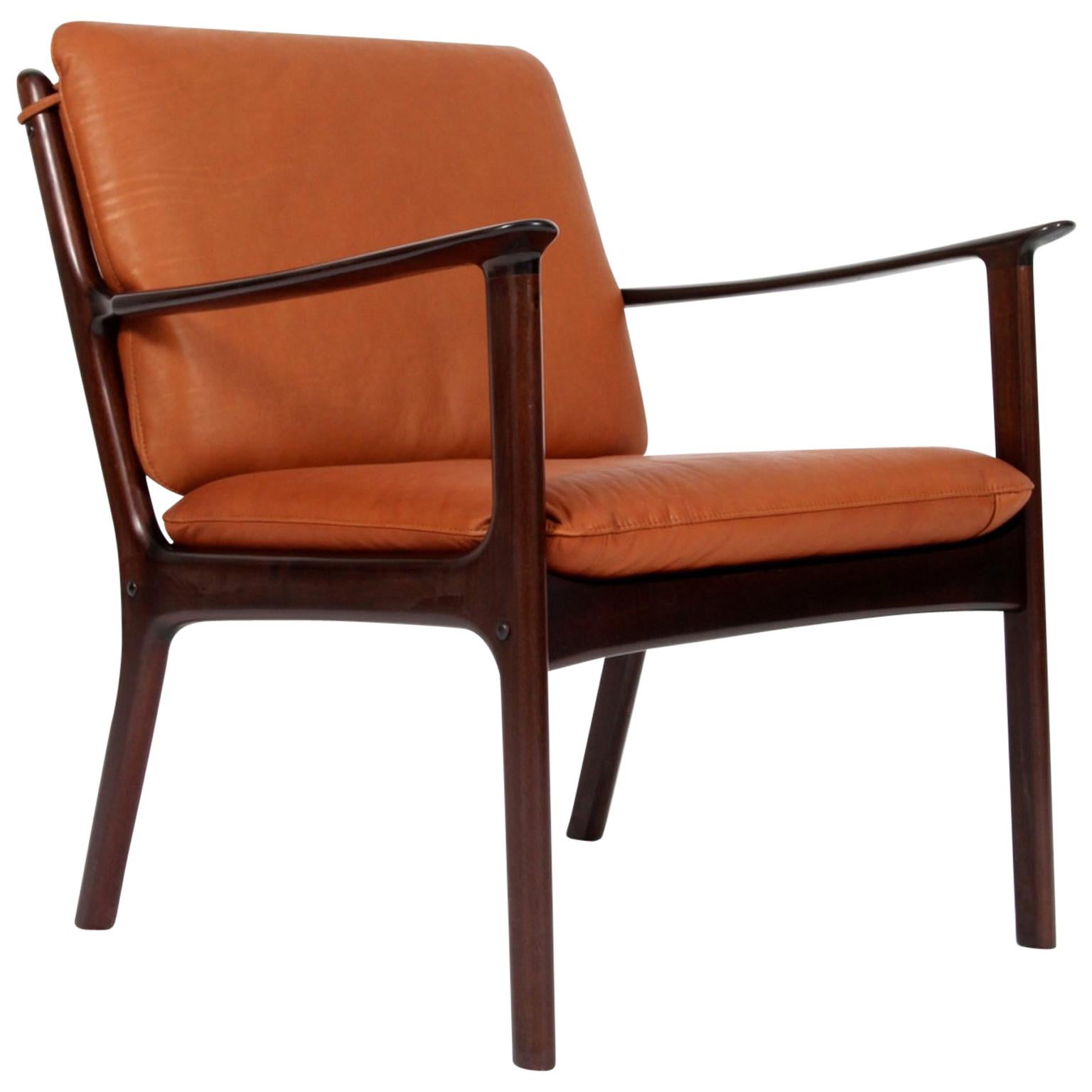 Ole Wanscher Lounge Chair, Model PJ112, Cognac Aniline Leather, Mahogany