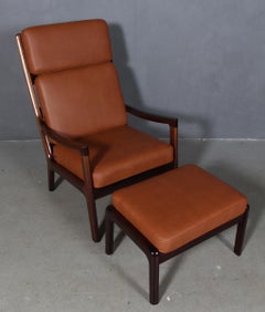 Ole Wanscher Lounge Chair with ottoman, Mahogany Leather