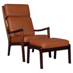 Ole Wanscher Lounge Chair with ottoman, Mahogany Leather