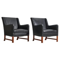 Ole Wanscher, Lounge Chairs, Mahogany, Black Leather, Denmark, 1940s