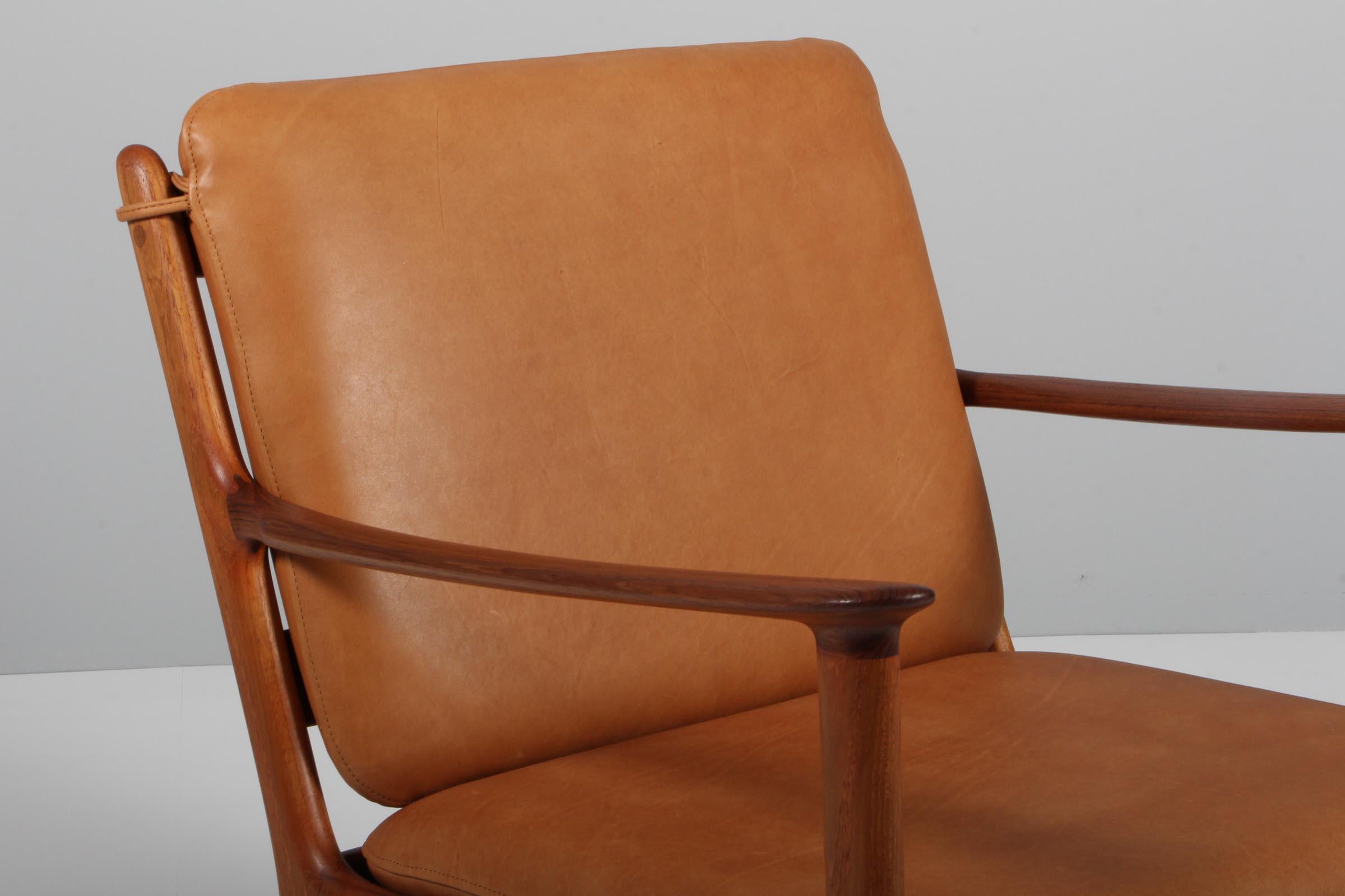Scandinavian Modern Ole Wanscher Lounge Chairs, Model PJ112, Cognac Aniline Leather, Teak