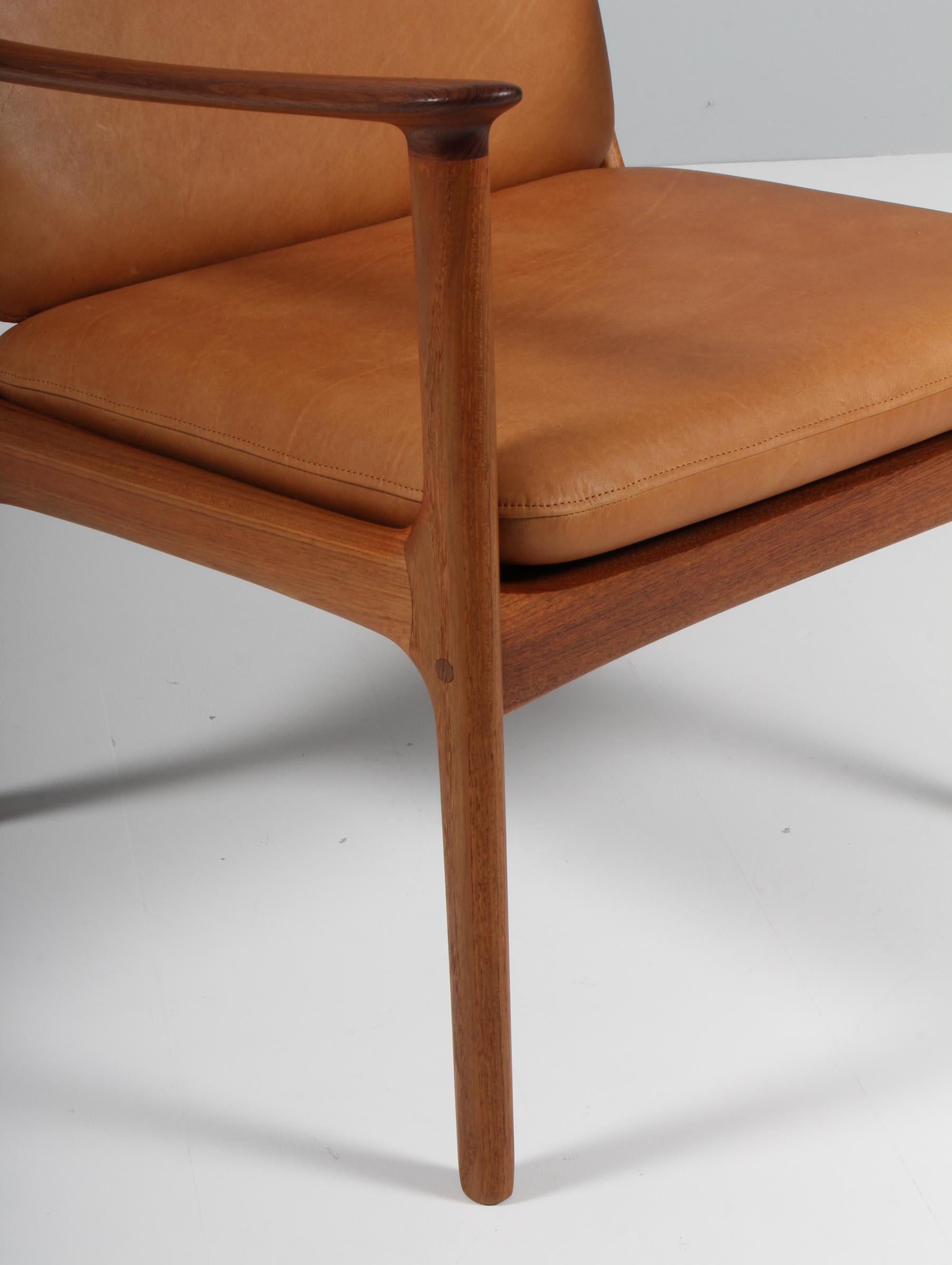 Danish Ole Wanscher Lounge Chairs, Model PJ112, Cognac Aniline Leather, Teak