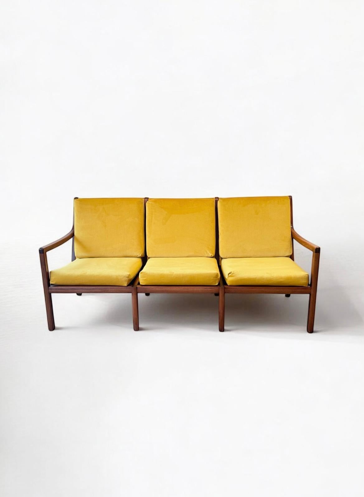 An elegance Ole Wanscher Mahogany & Bronze Velour upholstery Three seater settee by Per Buhl Jorgensen 1960s Denmark. This piece epitomises mid-century modern style with teak open frame and plush bronze velour.  It showcases Wanscher's impeccable