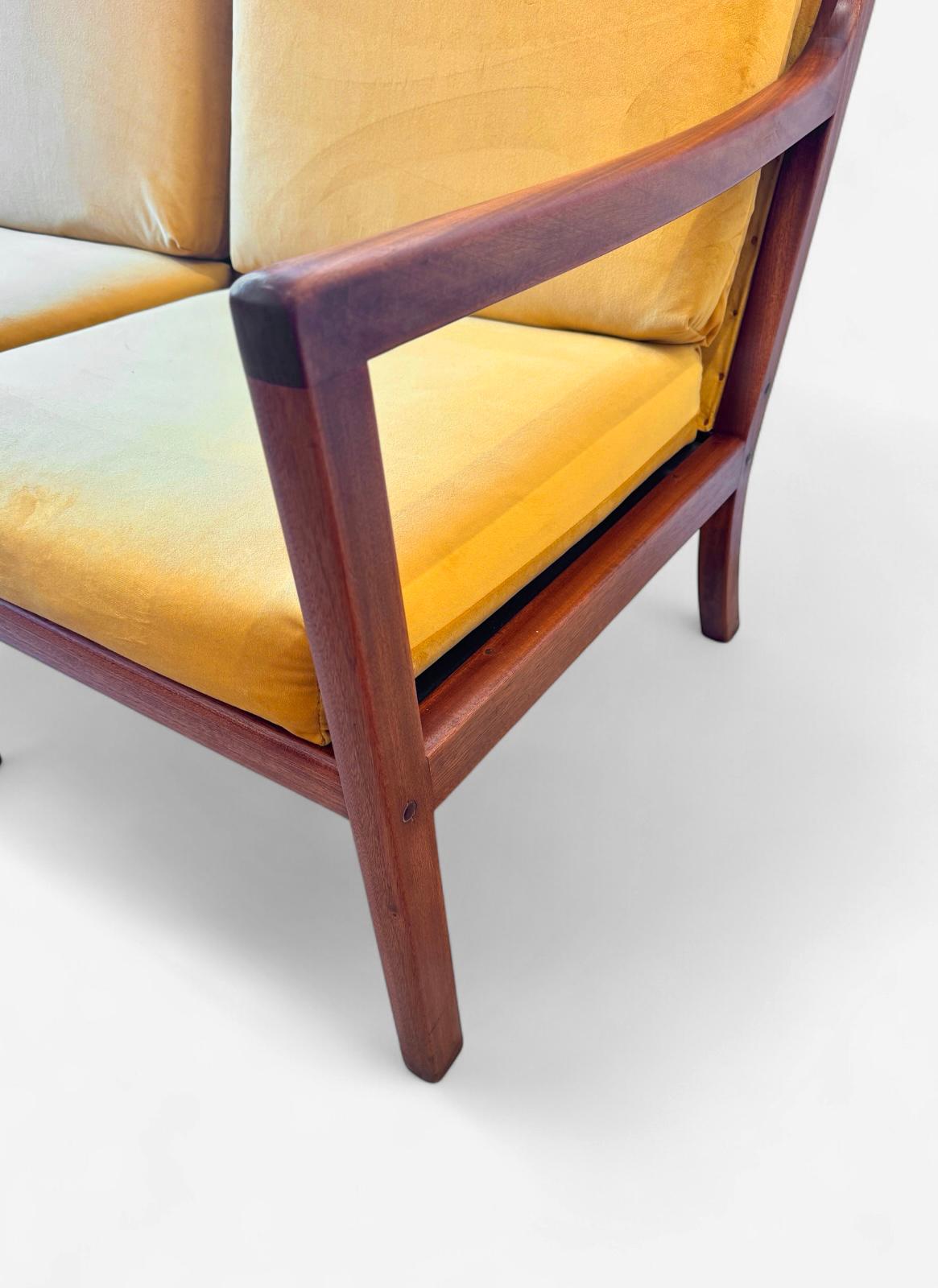 Danish Ole Wanscher Mahogany & Mustard Bronze Velour Upholstery Settee, Denmark 1960's For Sale