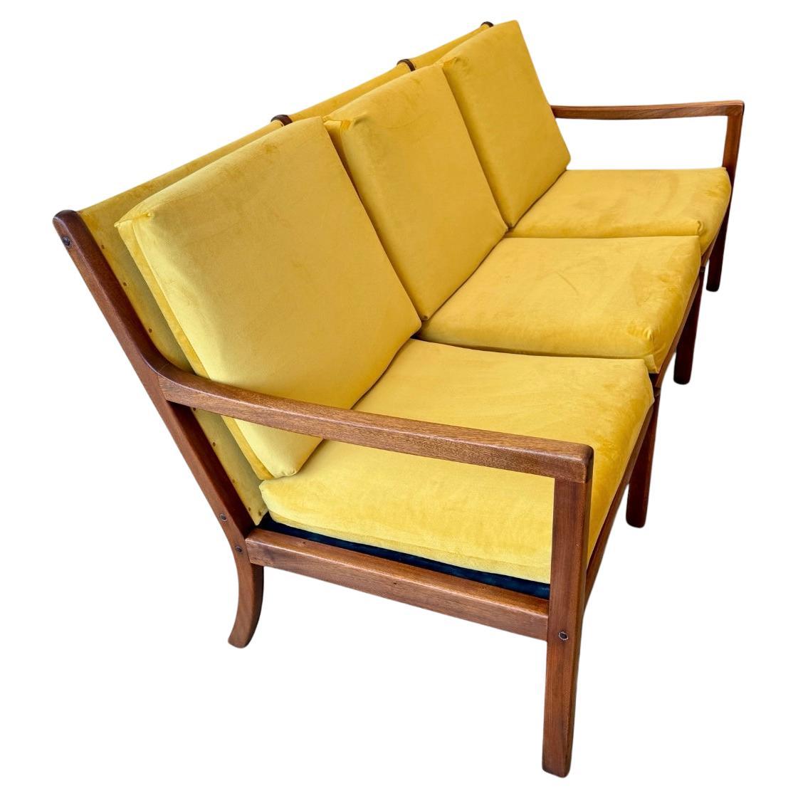Ole Wanscher Mahogany & Mustard Bronze Velour Upholstery Settee, Denmark 1960's For Sale