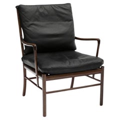 Ole Wanscher Silla colonial de caoba con cojines de cuero negro, diseñada en 1949