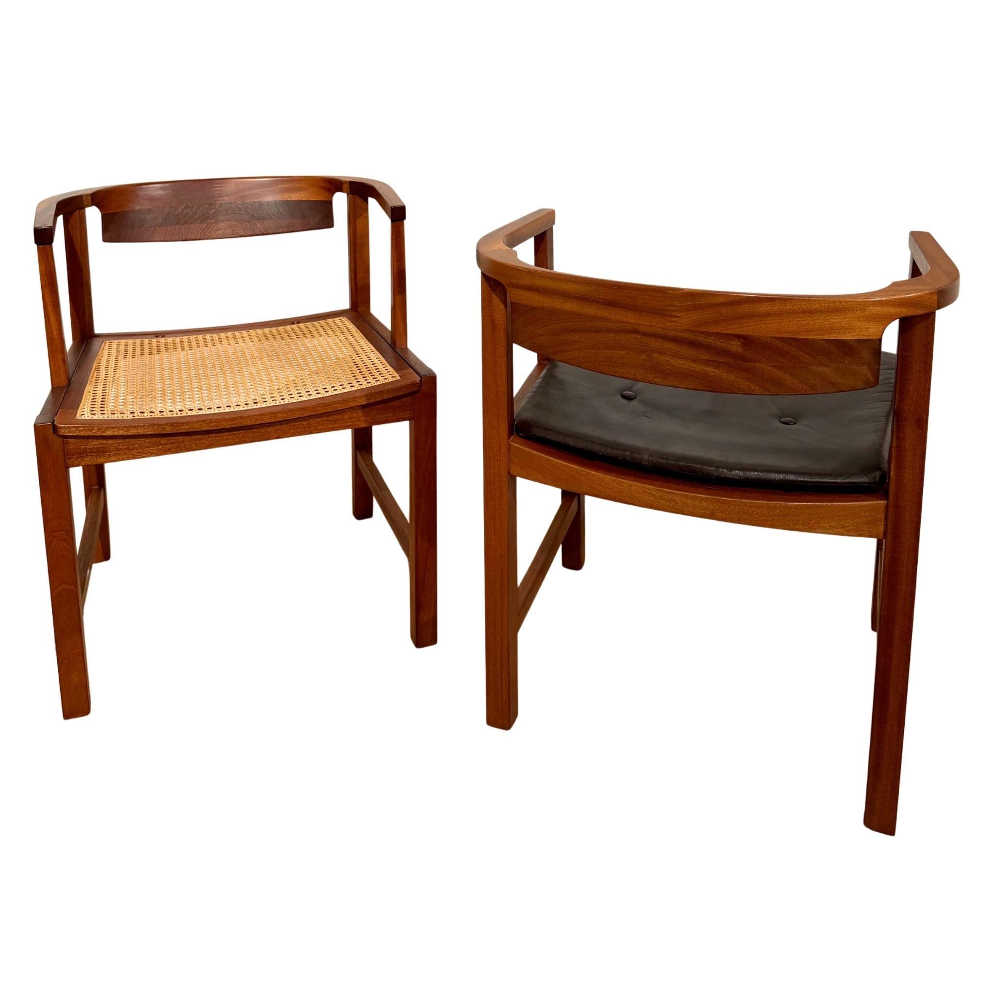 Falegnameria Ole Wanscher Sedie da pranzo in canna e pelle di mogano in vendita