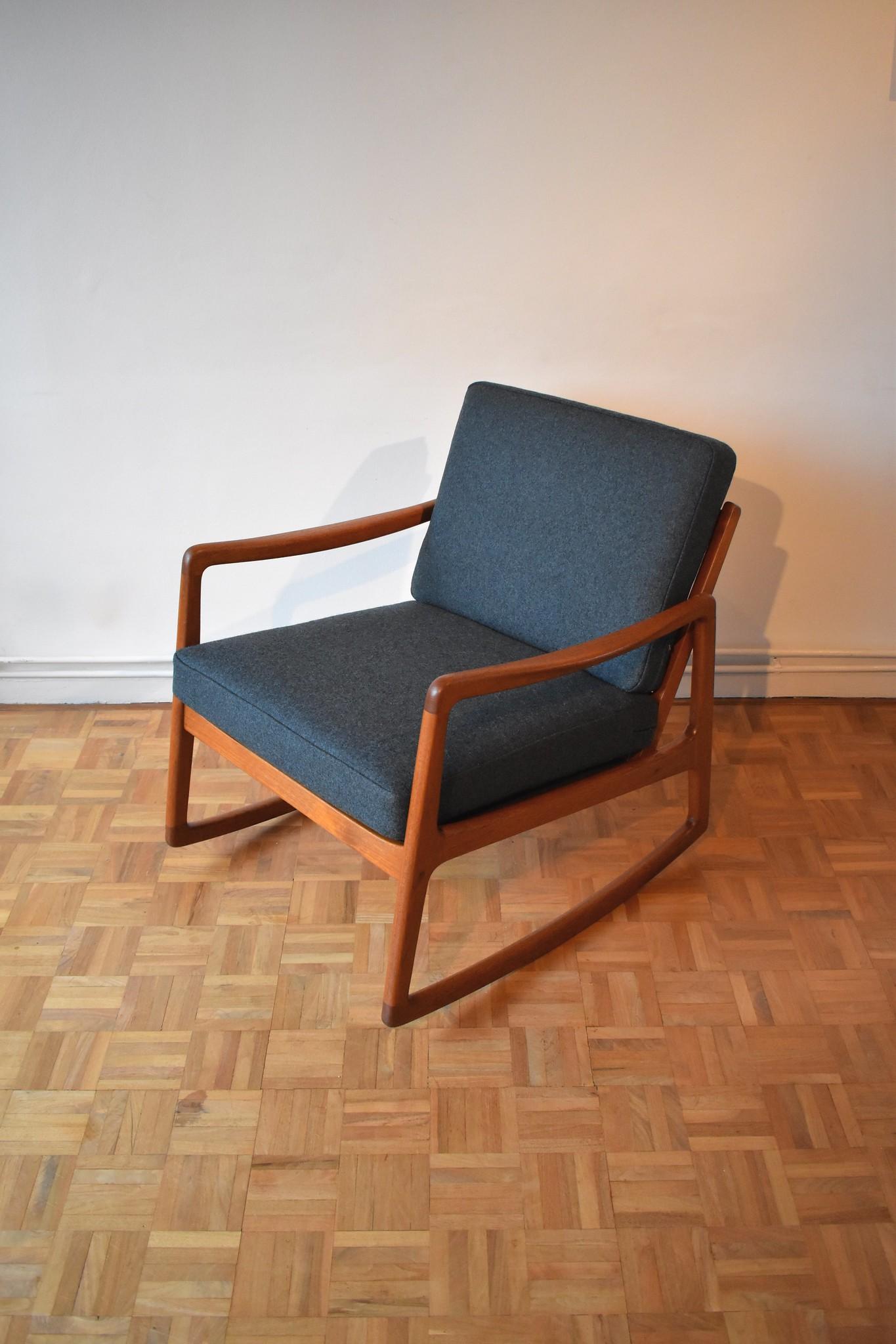A superb and hard to find teak rocking chair designed by Ole Wanscher for France & Son, Denmark.

An absolute triumph of a design, the slenderness of the frame is remarkable and there is not a line out of place, this has always been one of our