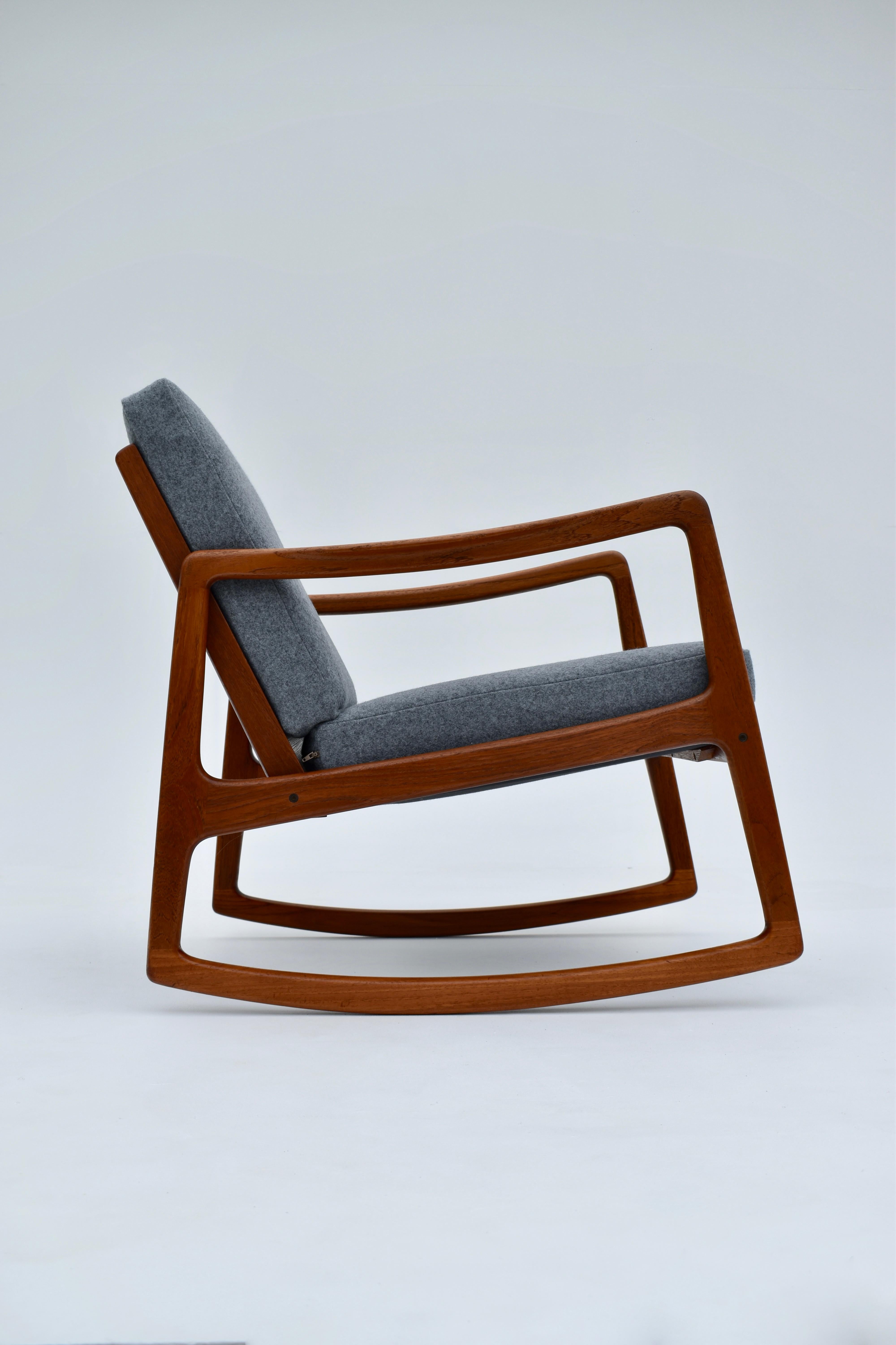 Scandinavian Modern Ole Wanscher Model 120 Teak Rocking Chair with Kvadrat Fabric