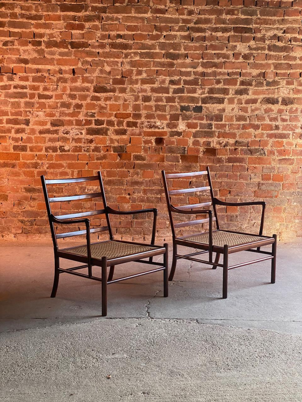 Leather Ole Wanscher Model 149 Rosewood Colonial Chairs Pair by Poul Jeppesens, Denmark