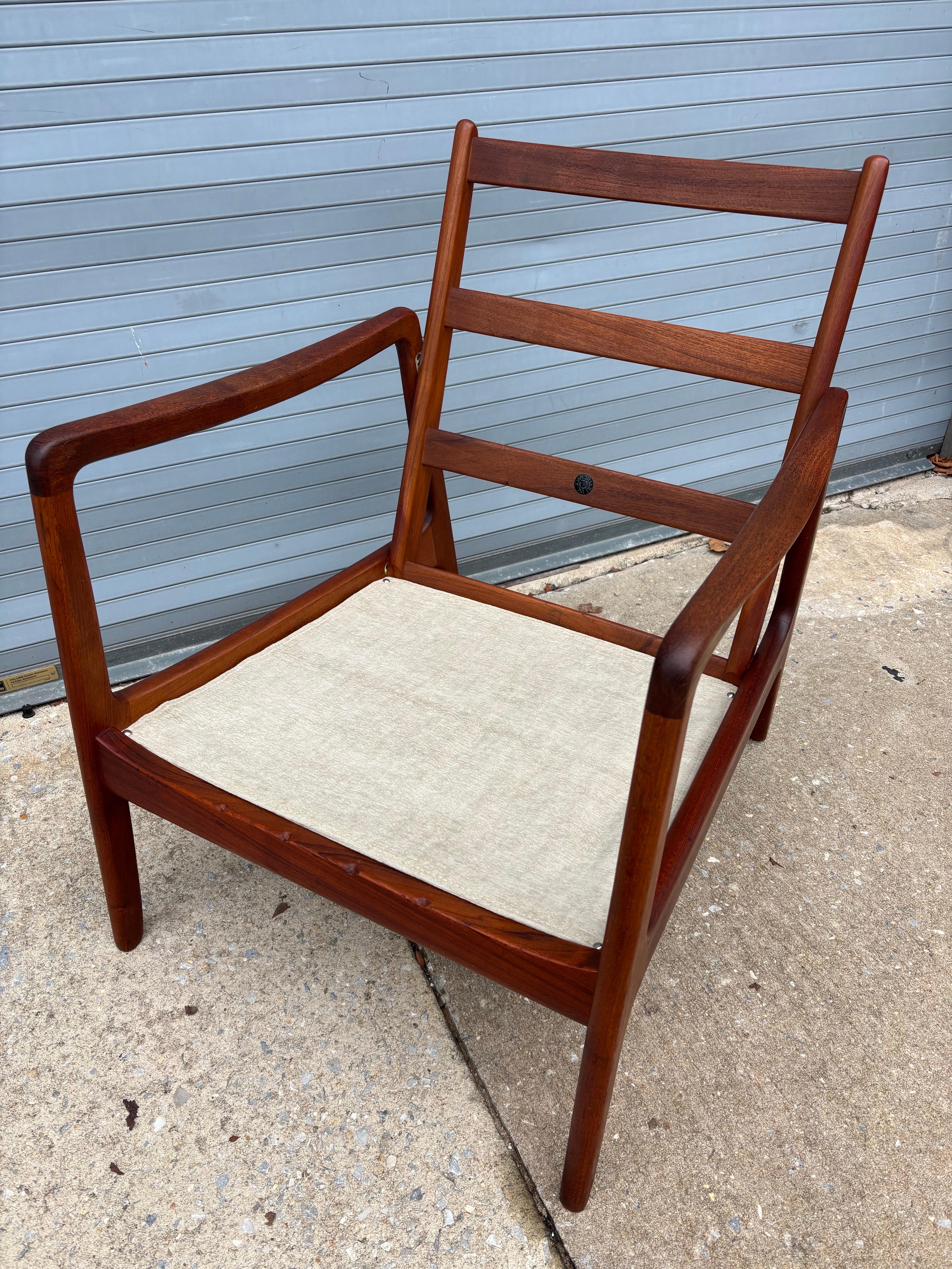 Ole Wanscher for France & Son Teak Open Armchair, model FD-109.  Newly reupholstered and ready to go!  Wood has been cleaned and looks very nice!  Great Scale, perfect for small spaces but yet comfortable!