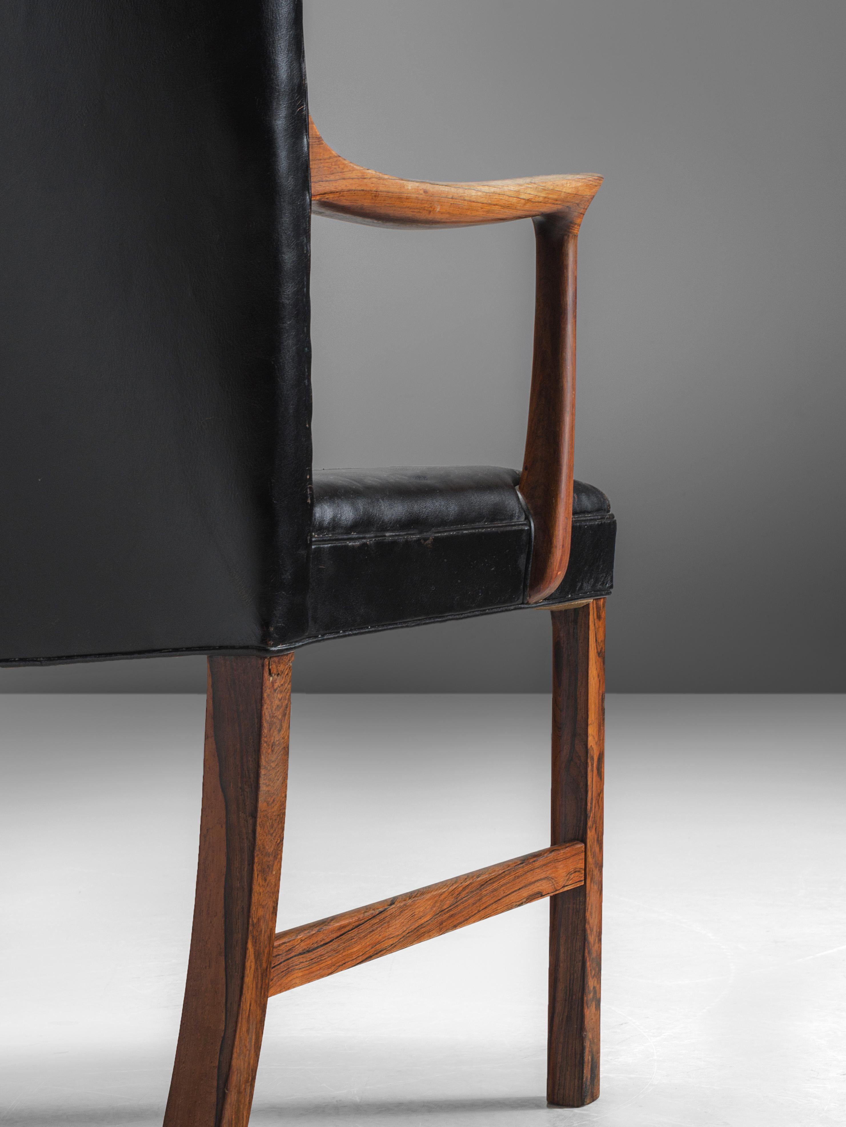 Scandinavian Modern Ole Wanscher Pair of Armchairs in Black Leather and Rosewood