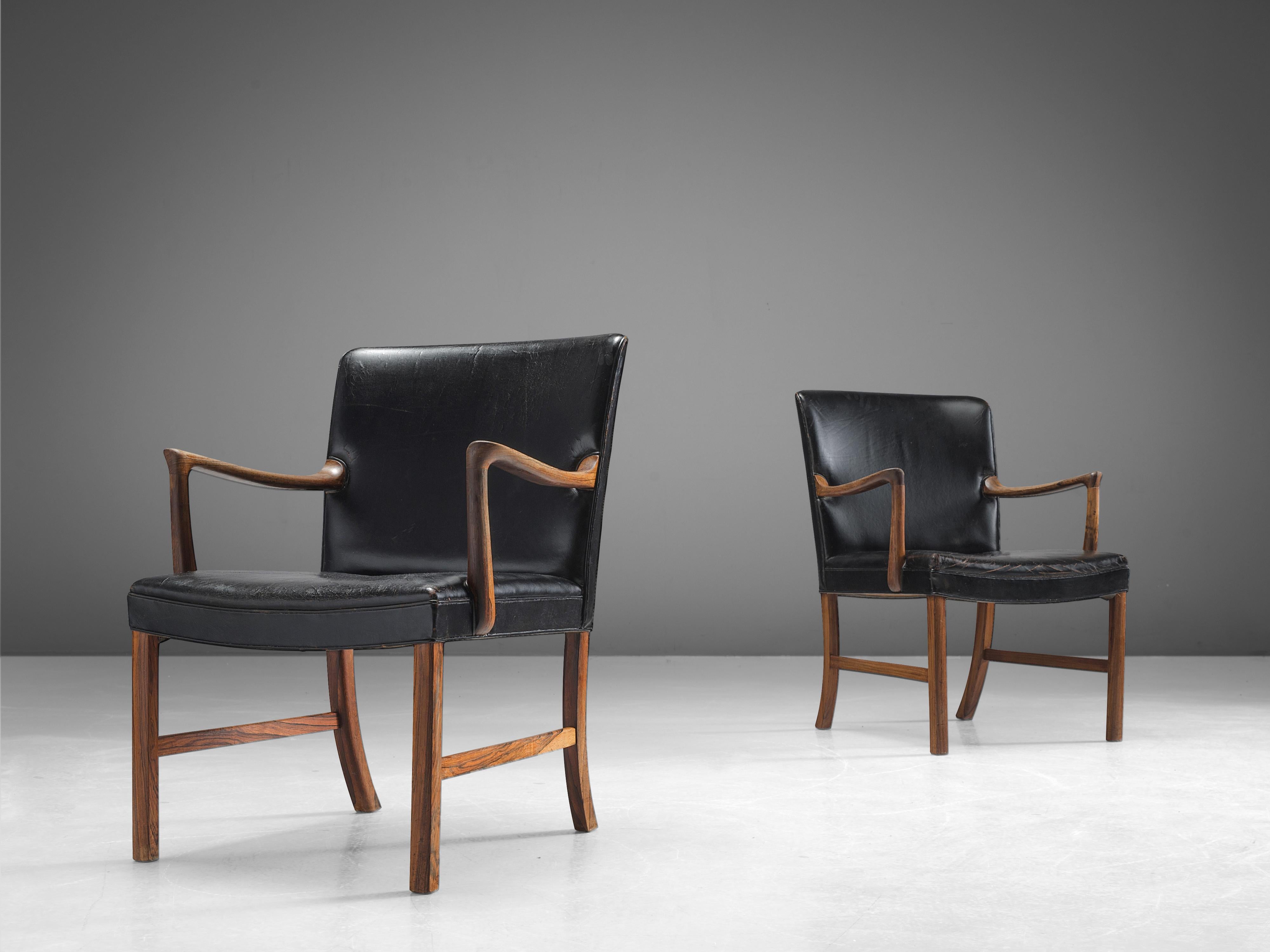 Danish Ole Wanscher Pair of Armchairs in Black Leather and Rosewood