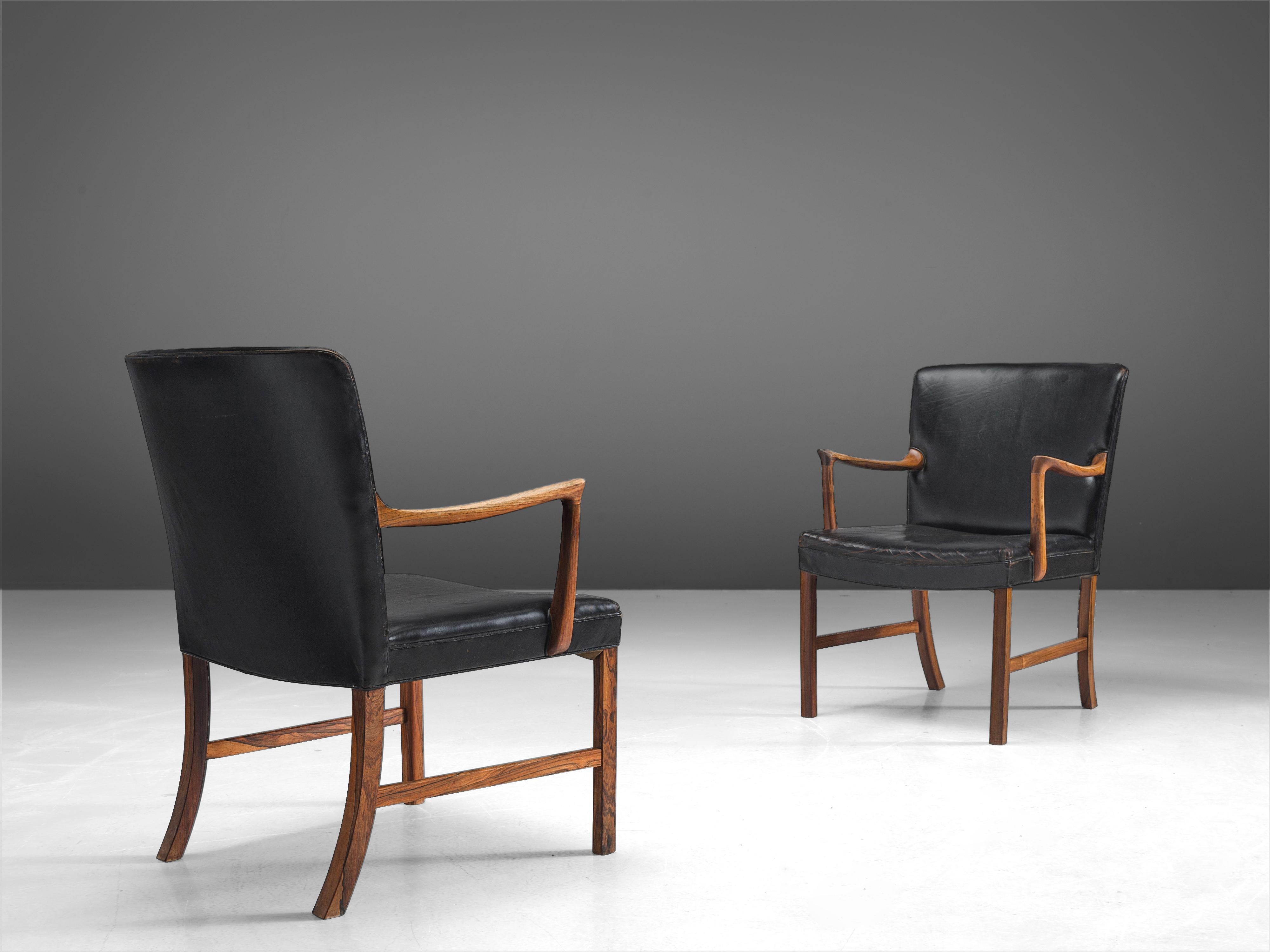 Mid-20th Century Ole Wanscher Pair of Armchairs in Black Leather and Rosewood