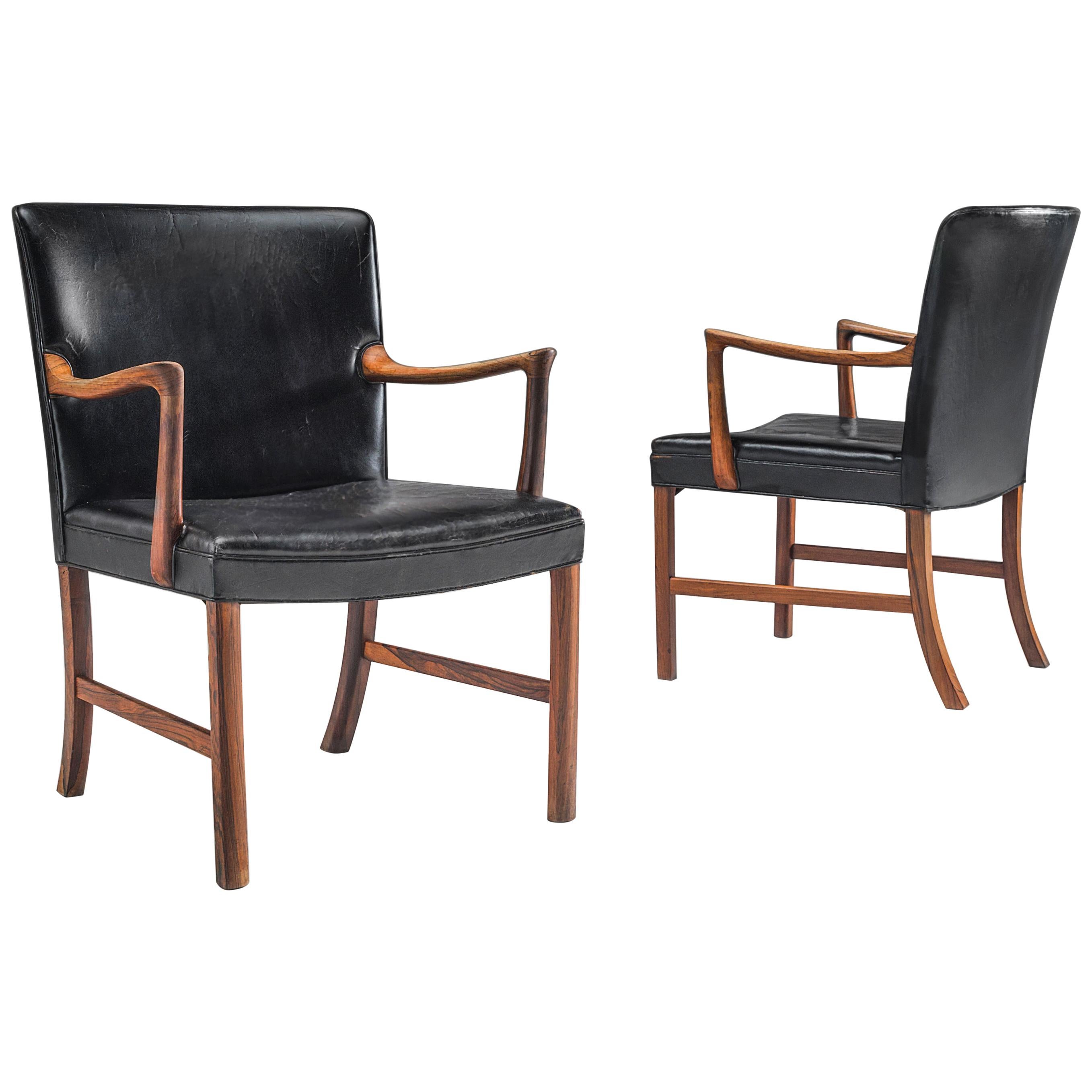Ole Wanscher Pair of Armchairs in Black Leather and Rosewood