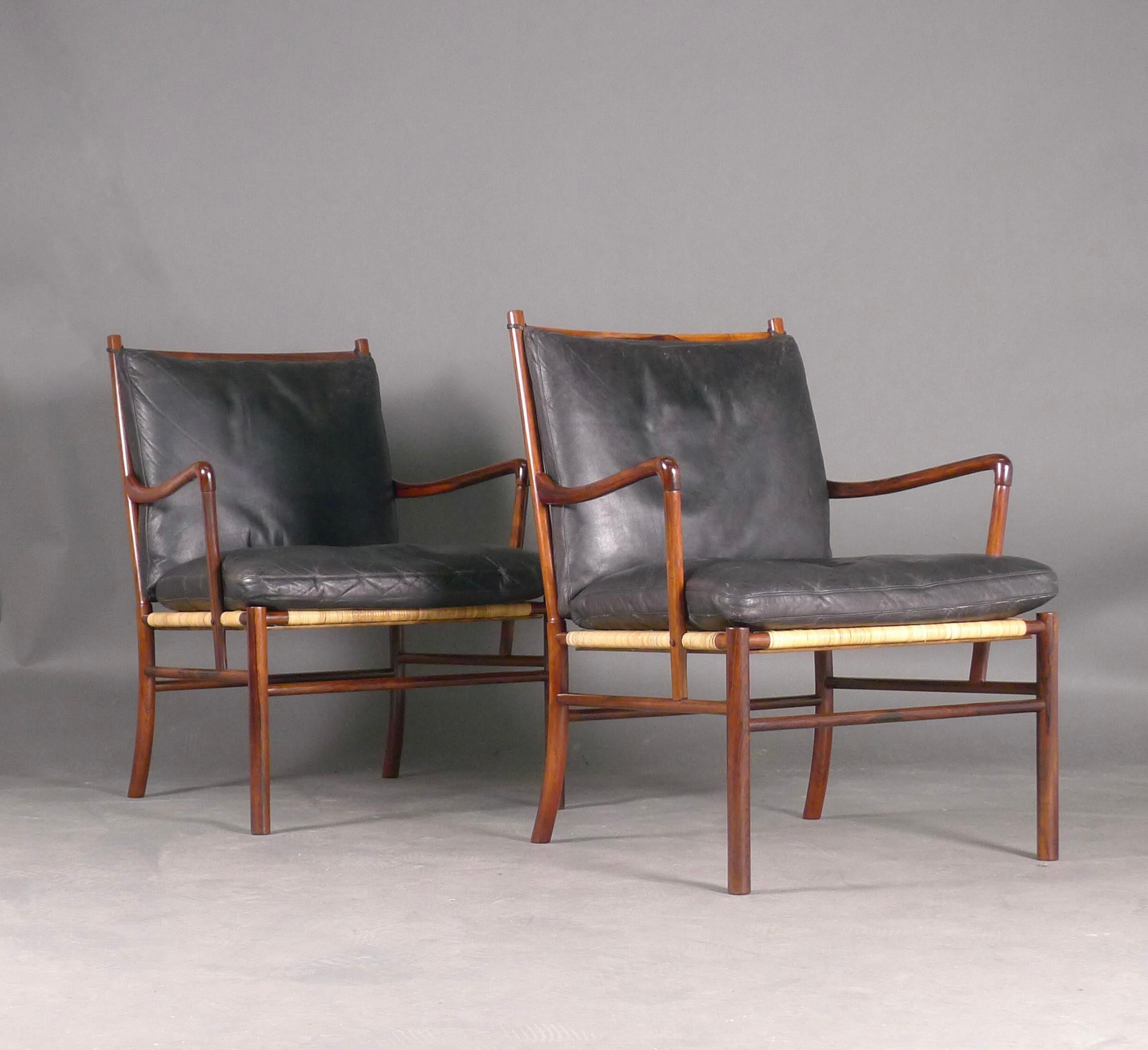 Cuir Paire de chaises coloniales Ole Wanscher, modèle PJ149, 1ère édition 1949, bois de rose