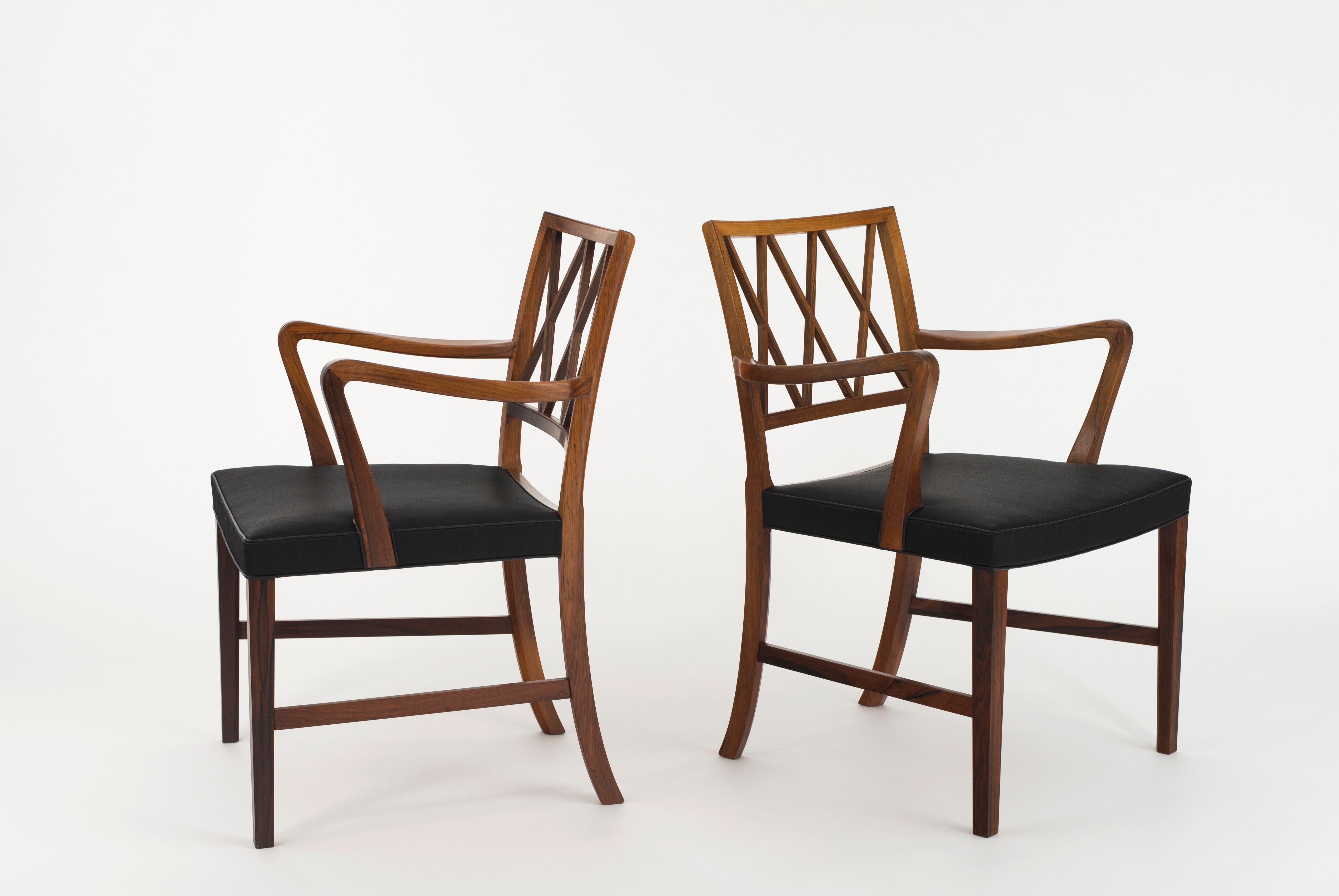 Ole Wanscher pair of armchairs in Rosewood and black horsehair. Executed by A. J. Iversen, Copenhagen, Denmark.