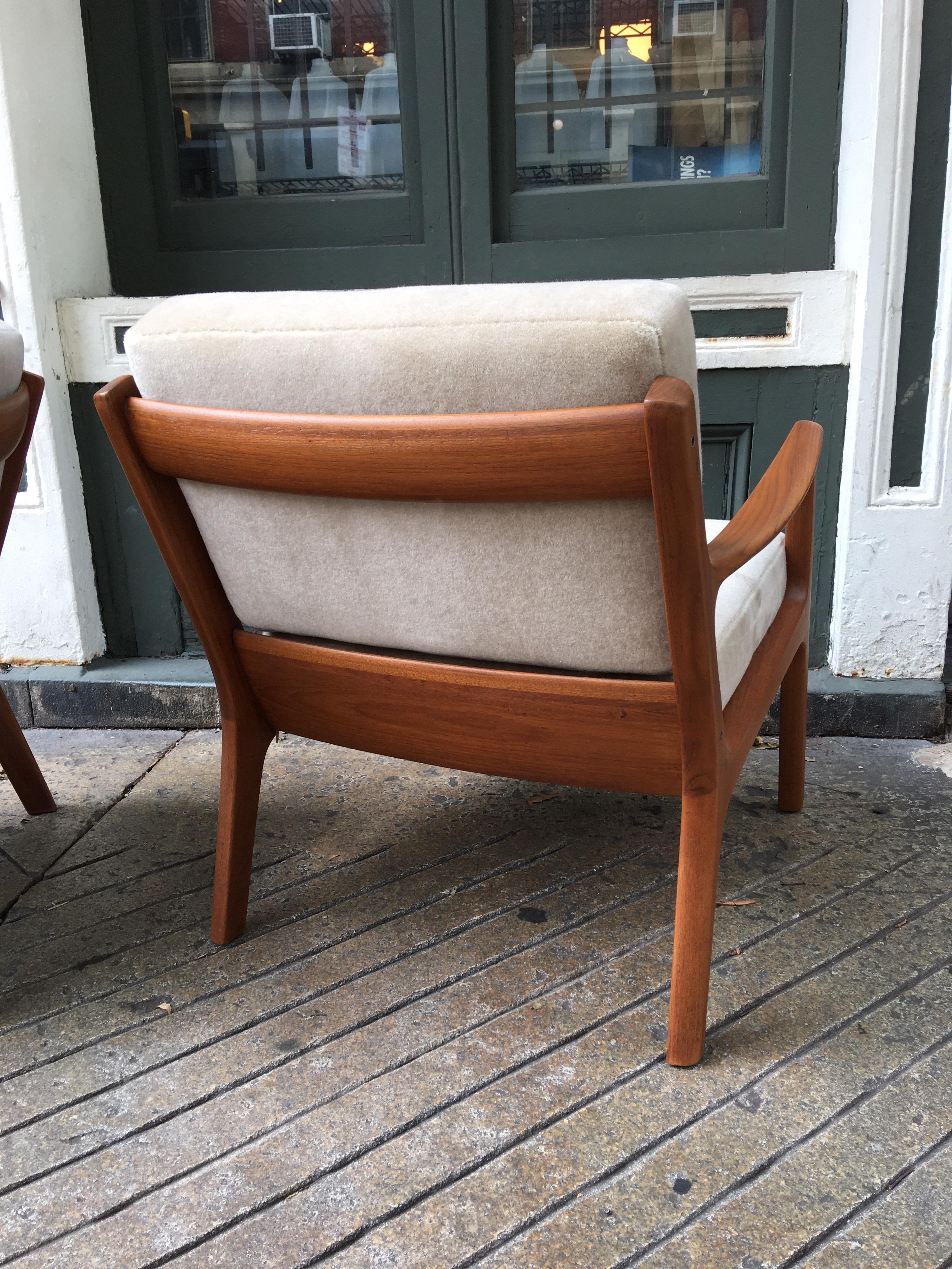 Danish Ole Wanscher Pair of Senator Chairs in Teak and Mohair