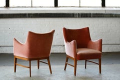 Ole Wanscher Pair of Small Lounge Chairs in Mohair and Mahogany, Denmark, 1950s