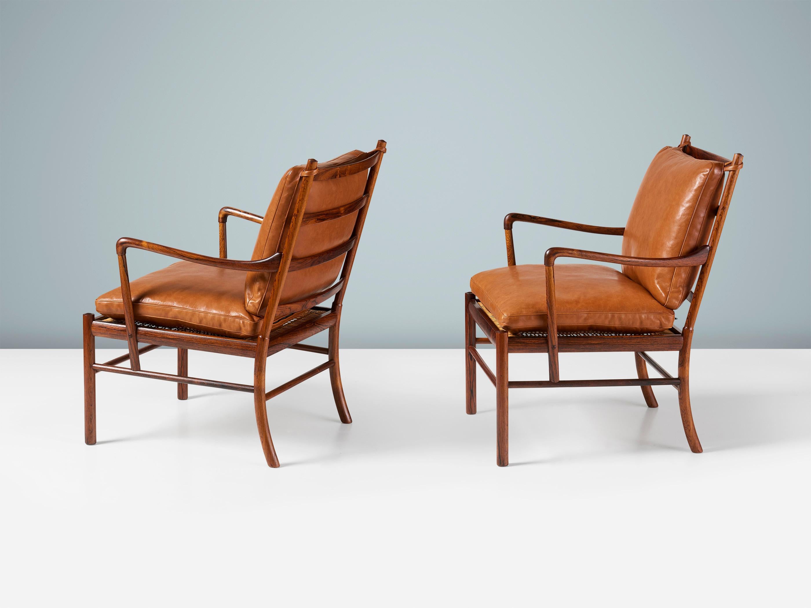 Scandinavian Modern Ole Wanscher Pair of Vintage Rosewood & Leather Colonial Chairs, 1950s For Sale