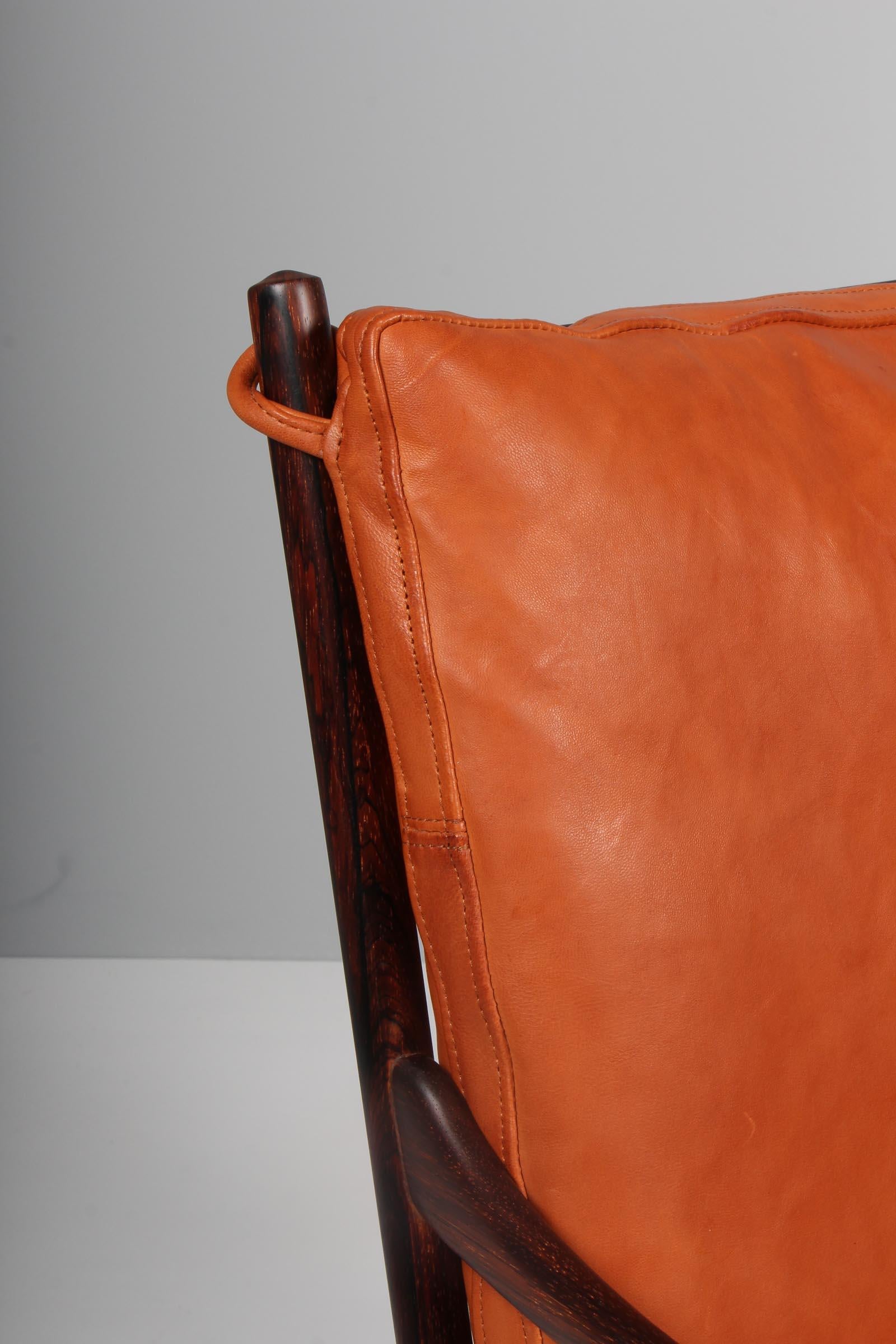 Cane Ole Wanscher Rosewood colonial lounge chair, 1950s, Denmark, Goat leather