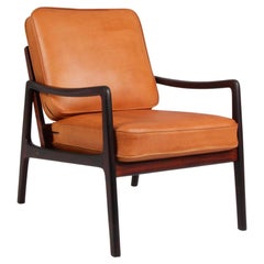 Fauteuil de salon en bois de rose avec coussins en cuir aniline Ole Wanscher, années 1960