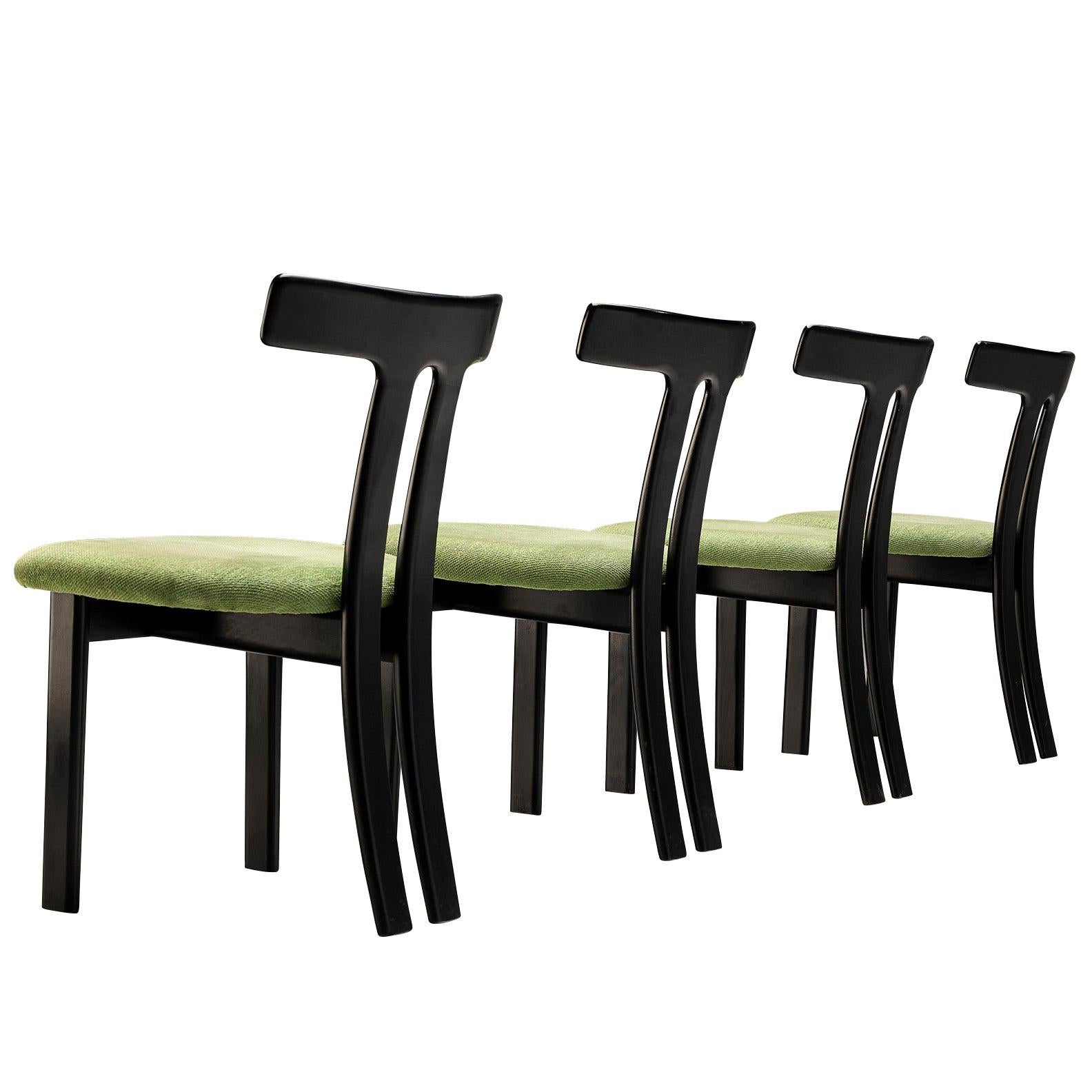 Set of 4 Danish Dining Chairs in Black Lacquered Frames and Green Seats