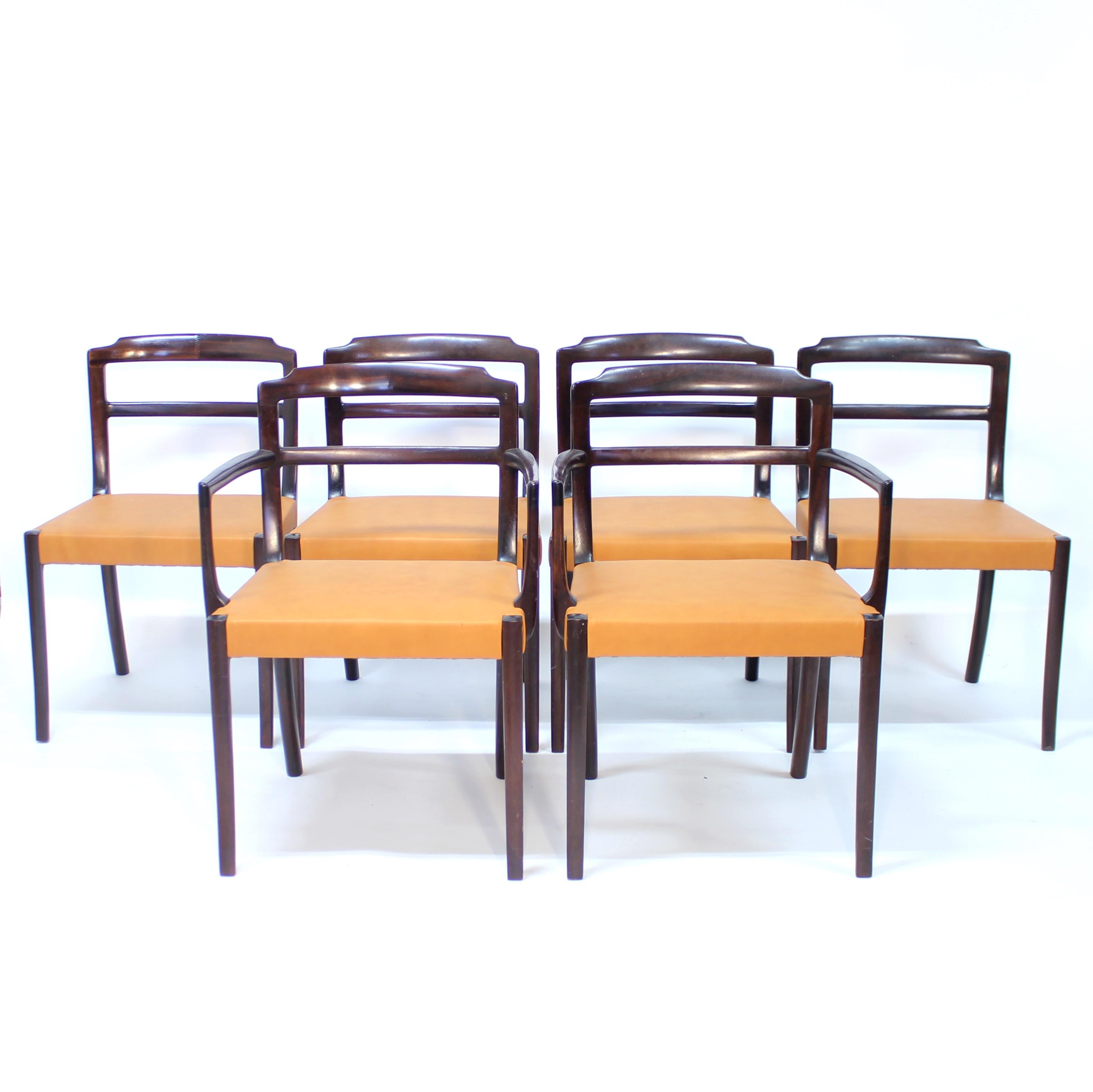 Ole Wanscher, 6er-Set dänischer Esszimmerstühle aus Leder und Mahagoni für CADO, 1960er-Jahre (Skandinavische Moderne) im Angebot
