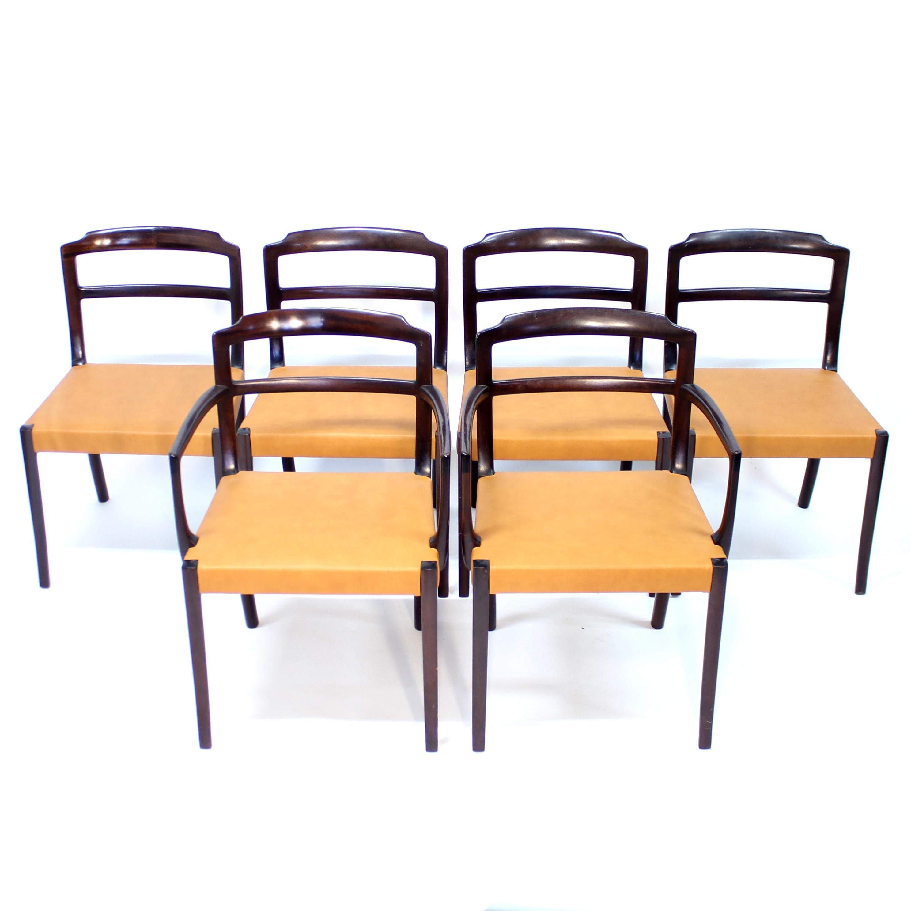 Ole Wanscher, 6er-Set dänischer Esszimmerstühle aus Leder und Mahagoni für CADO, 1960er-Jahre (Dänisch) im Angebot