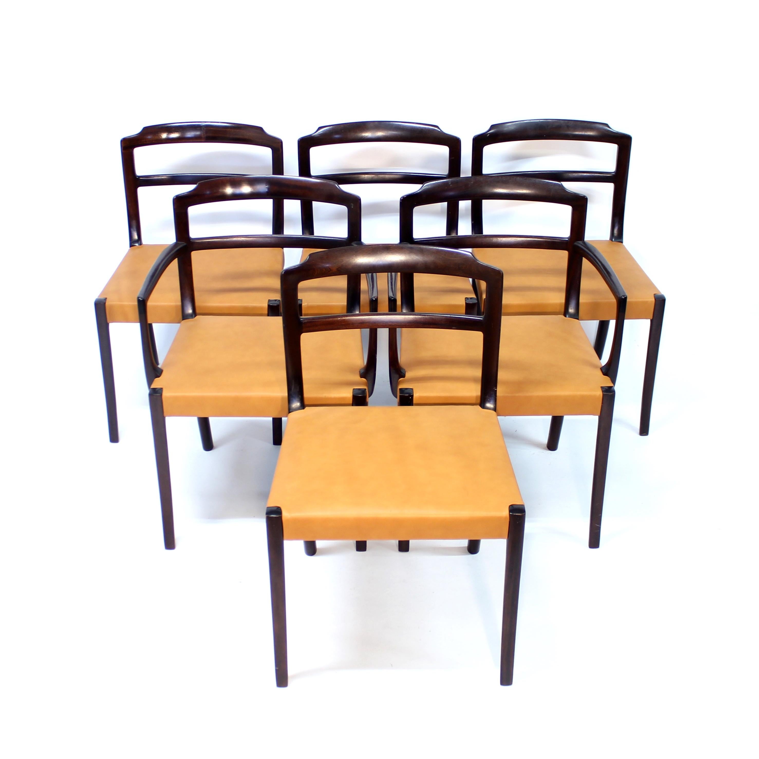 Ole Wanscher, 6er-Set dänischer Esszimmerstühle aus Leder und Mahagoni für CADO, 1960er-Jahre (20. Jahrhundert) im Angebot