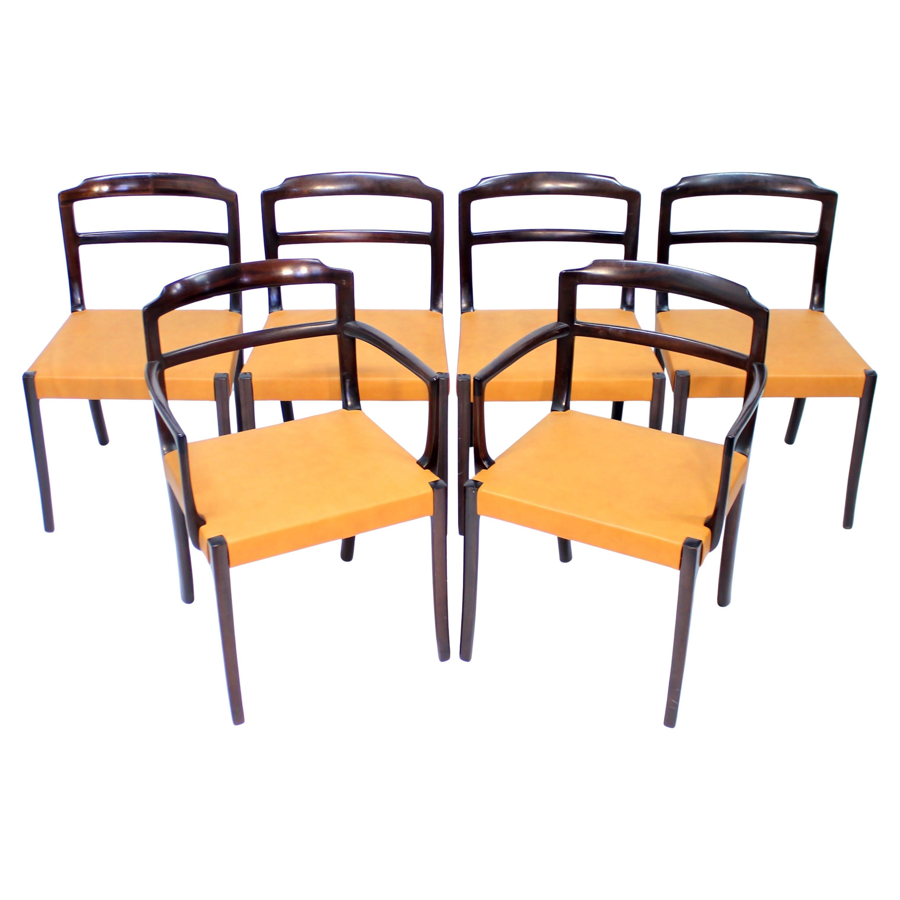 Ole Wanscher, set of 6 Danish leather and Mahogany dining chairs for CADO, 1960s