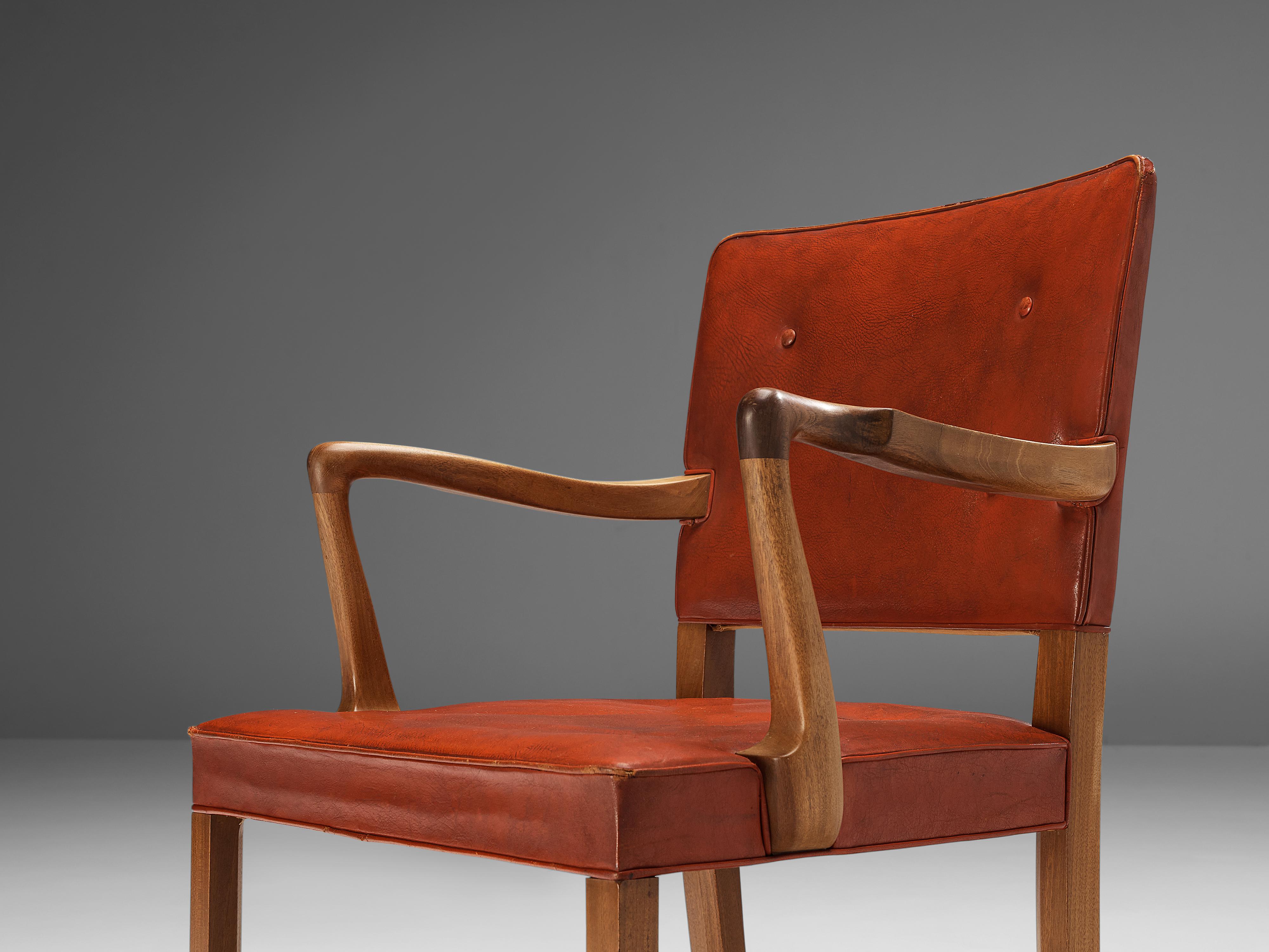 Scandinavian Modern Ole Wanscher Set of Eight Armchairs in Original Red Leather and Mahogany