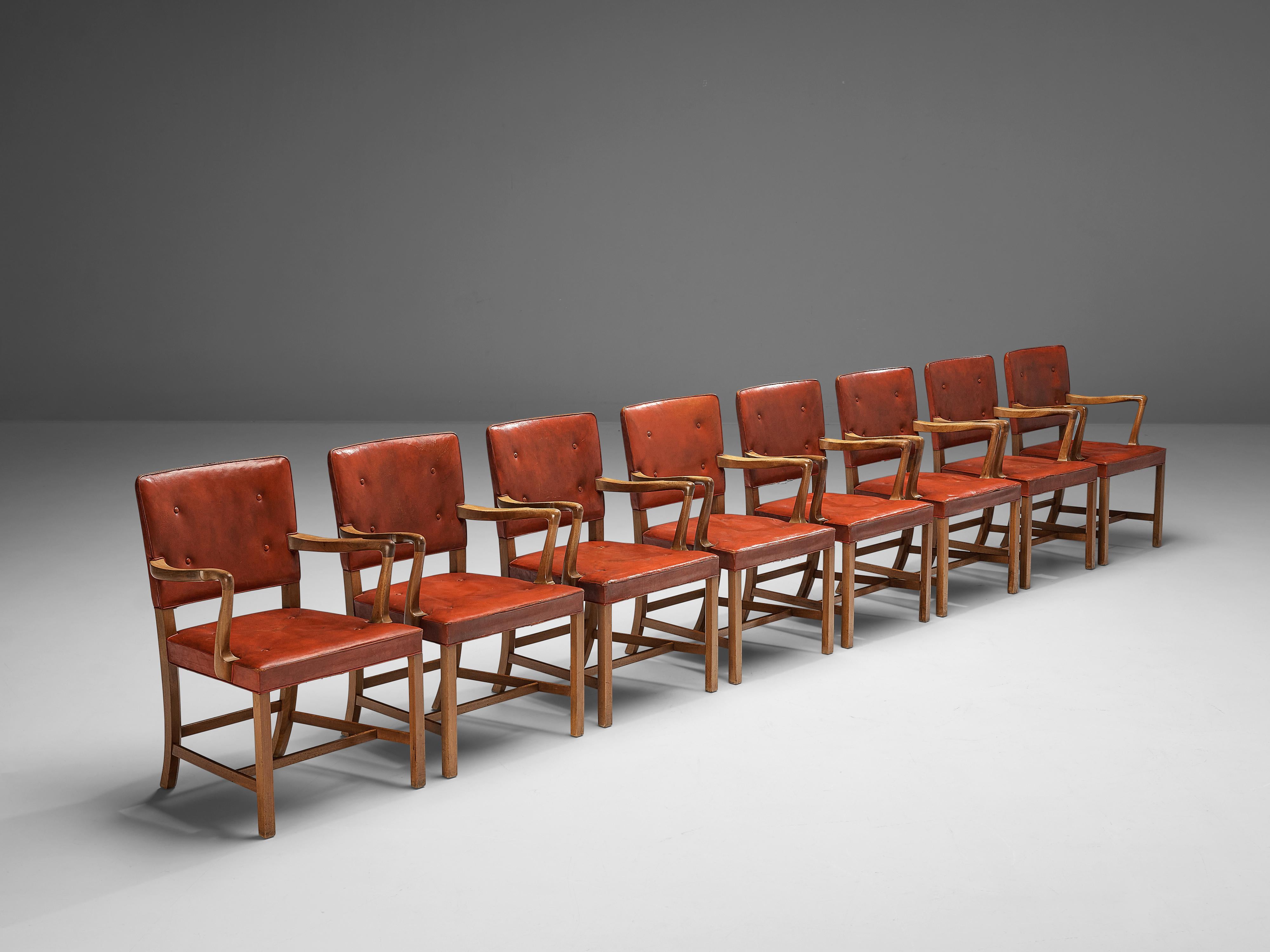 Danish Ole Wanscher Set of Eight Armchairs in Original Red Leather and Mahogany