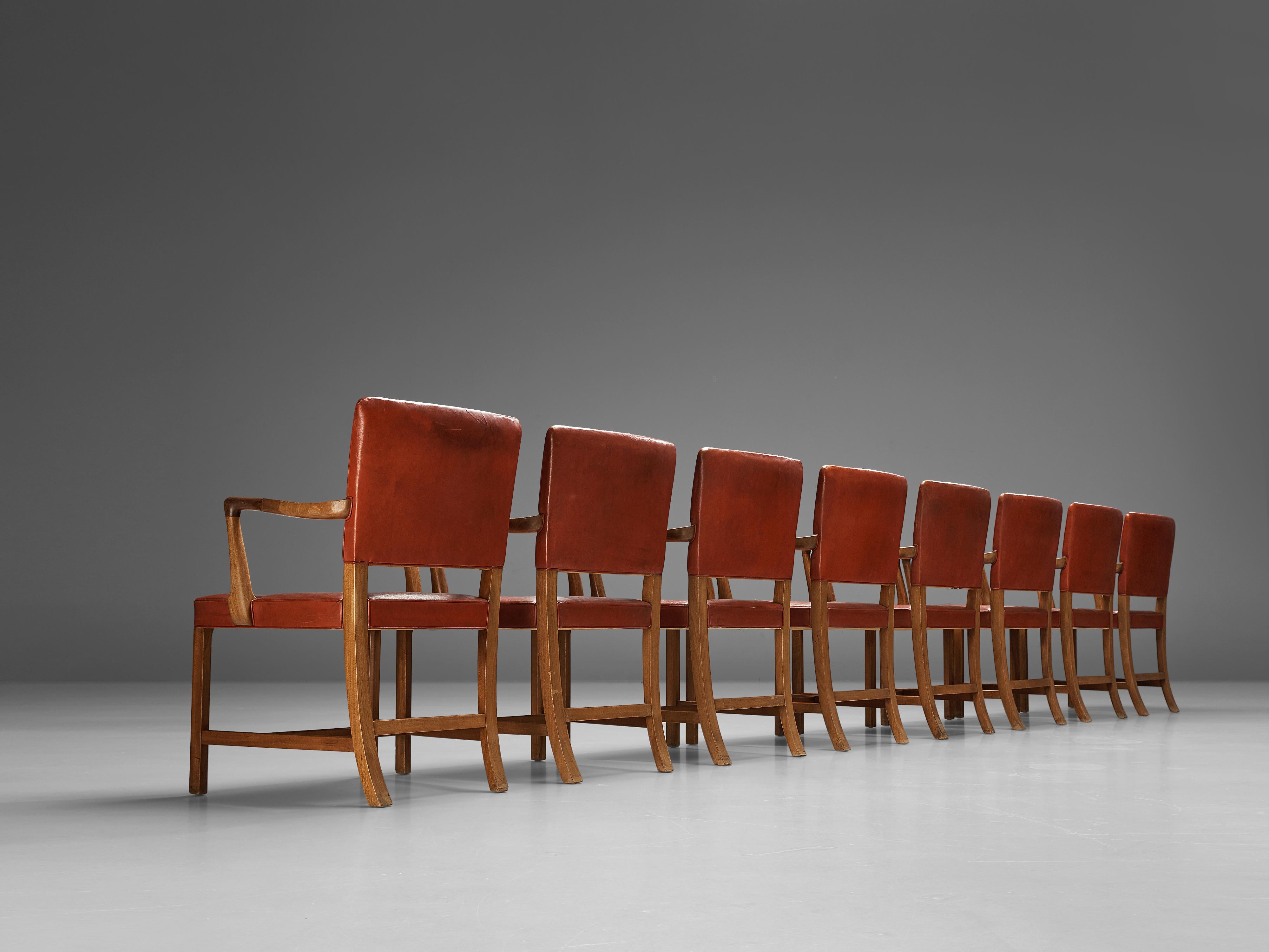 Mid-20th Century Ole Wanscher Set of Eight Armchairs in Original Red Leather and Mahogany
