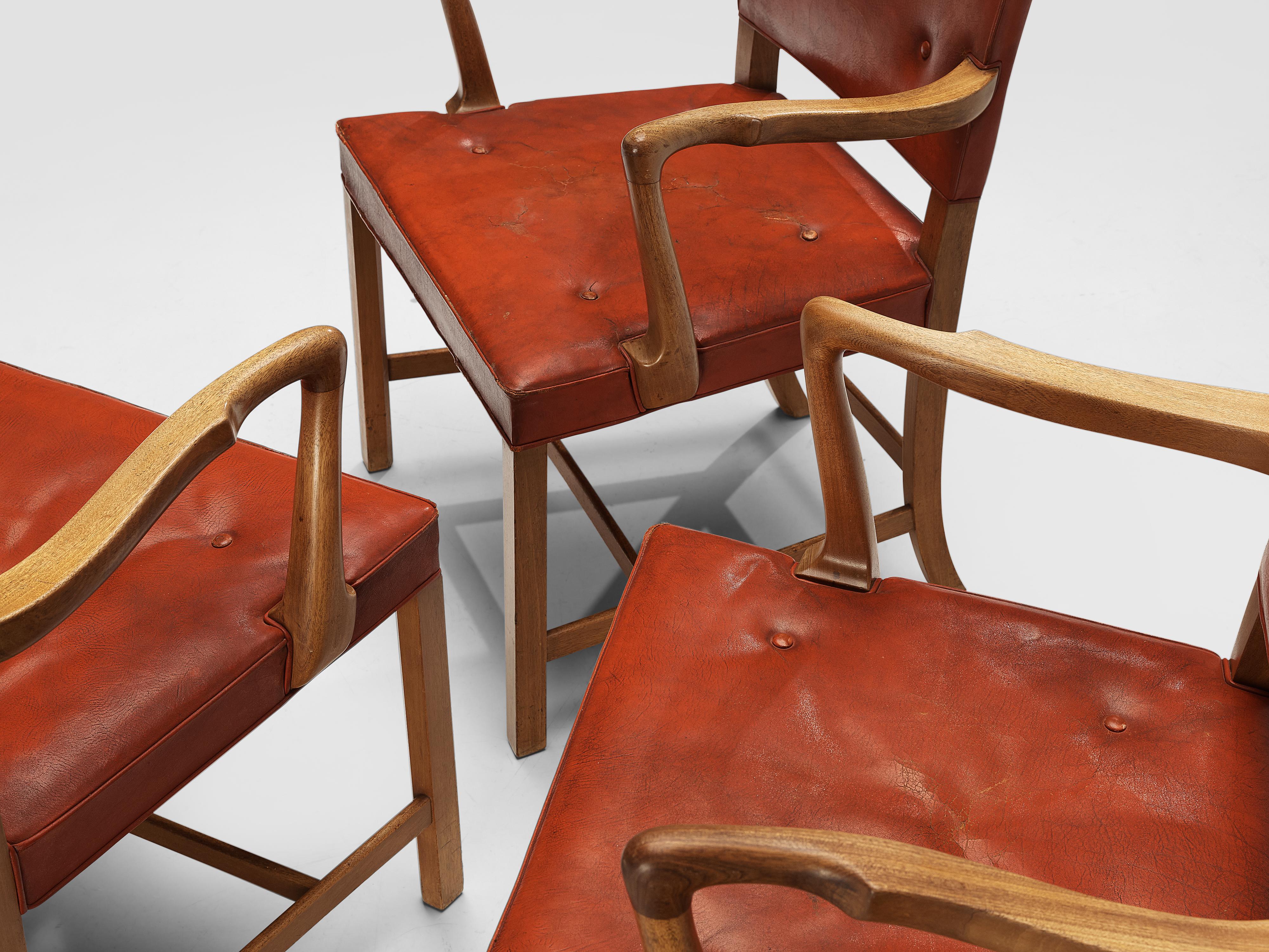 Ole Wanscher Set of Eight Armchairs in Original Red Leather and Mahogany 1