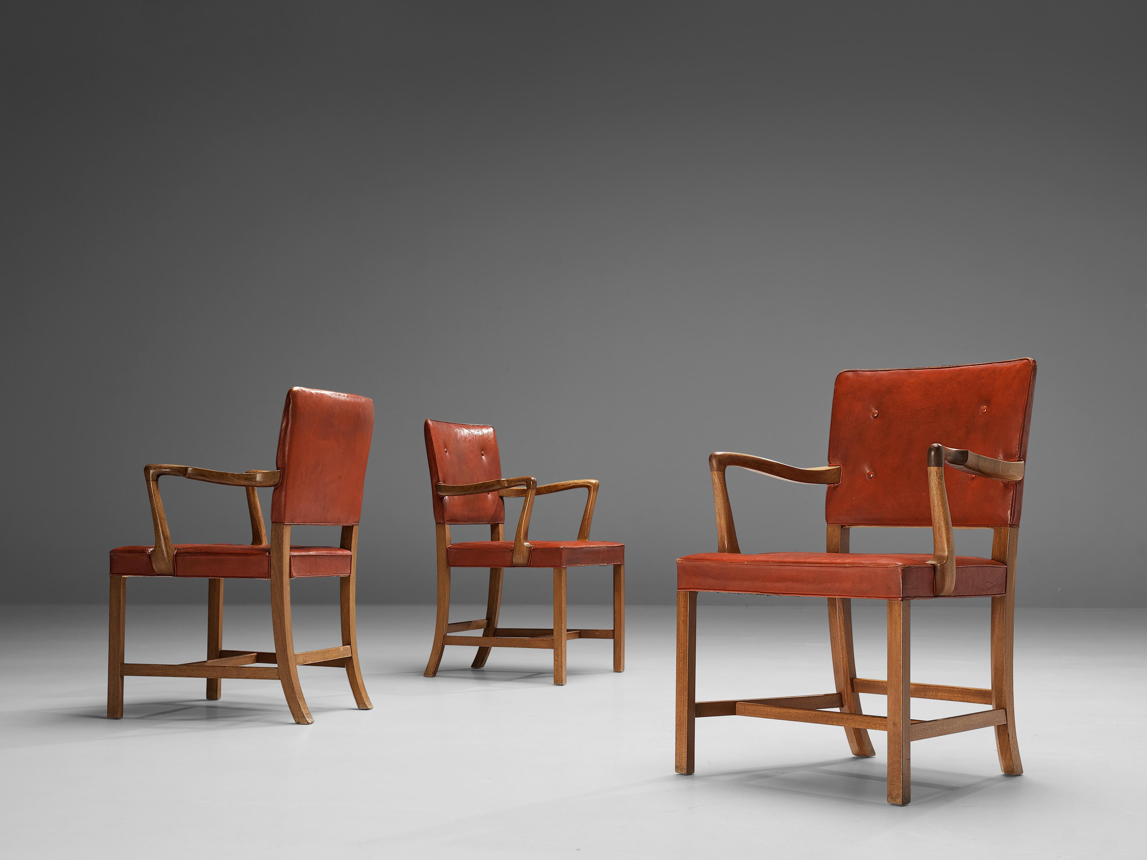 Ole Wanscher Set of Eight Armchairs in Original Red Leather and Mahogany 2