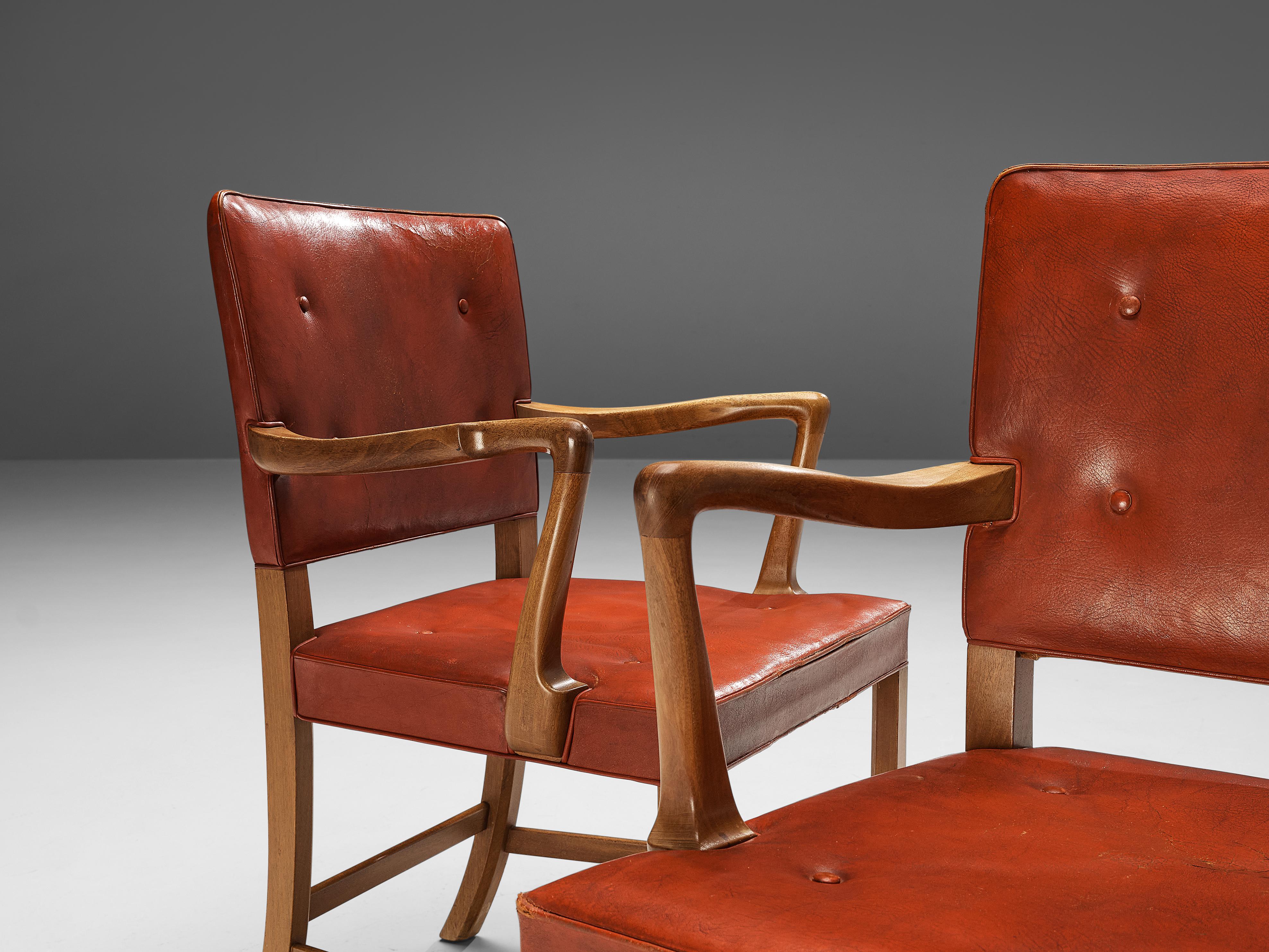 Ole Wanscher Set of Eight Armchairs in Original Red Leather and Mahogany 3