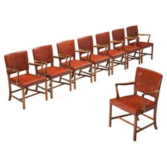Ole Wanscher Set of Eight Armchairs in Original Red Leather and Mahogany