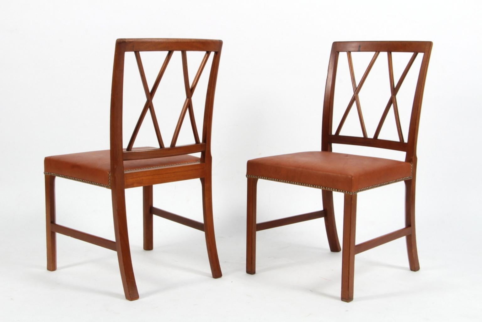 Danish Ole Wanscher Set of Four Dining Chairs in Mahogany and Cognac Aniline Leather