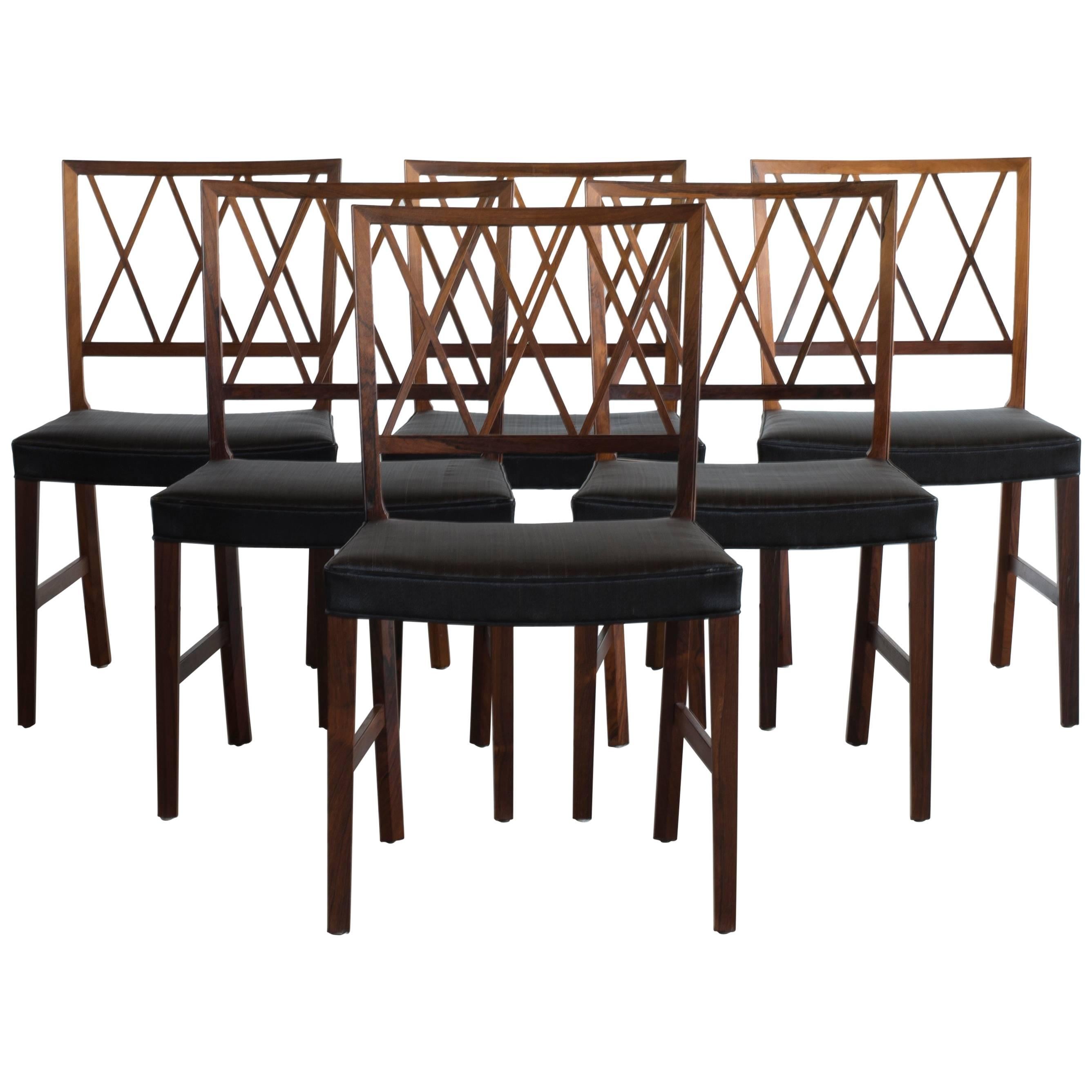Ensemble de six chaises de salle à manger en bois de rose d'Ole Wanscher pour A. J. Iversen en vente